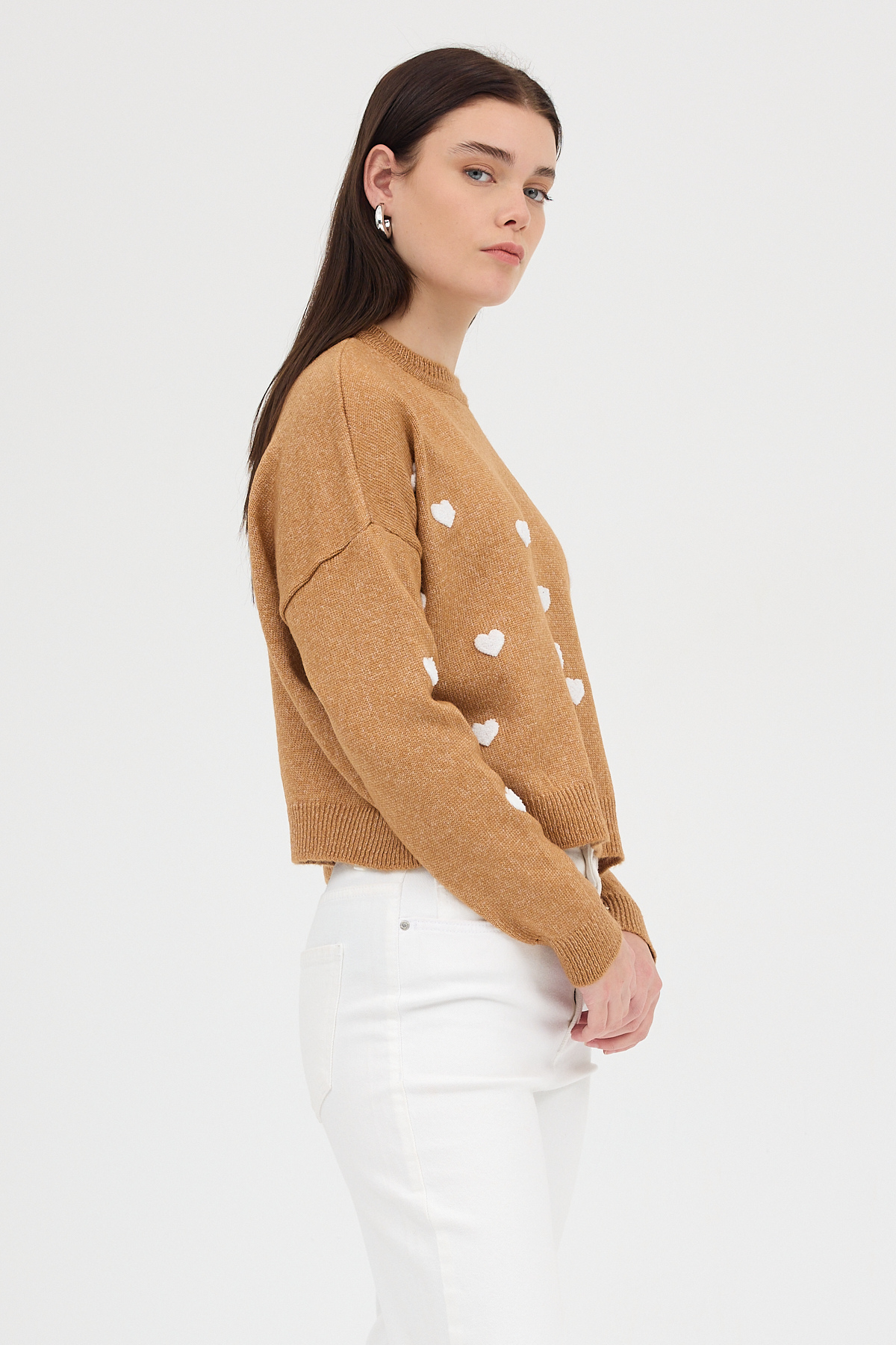 Taba Kalp Nakışlı Bisiklet Yaka Crop Kazak 2337 - RAYS