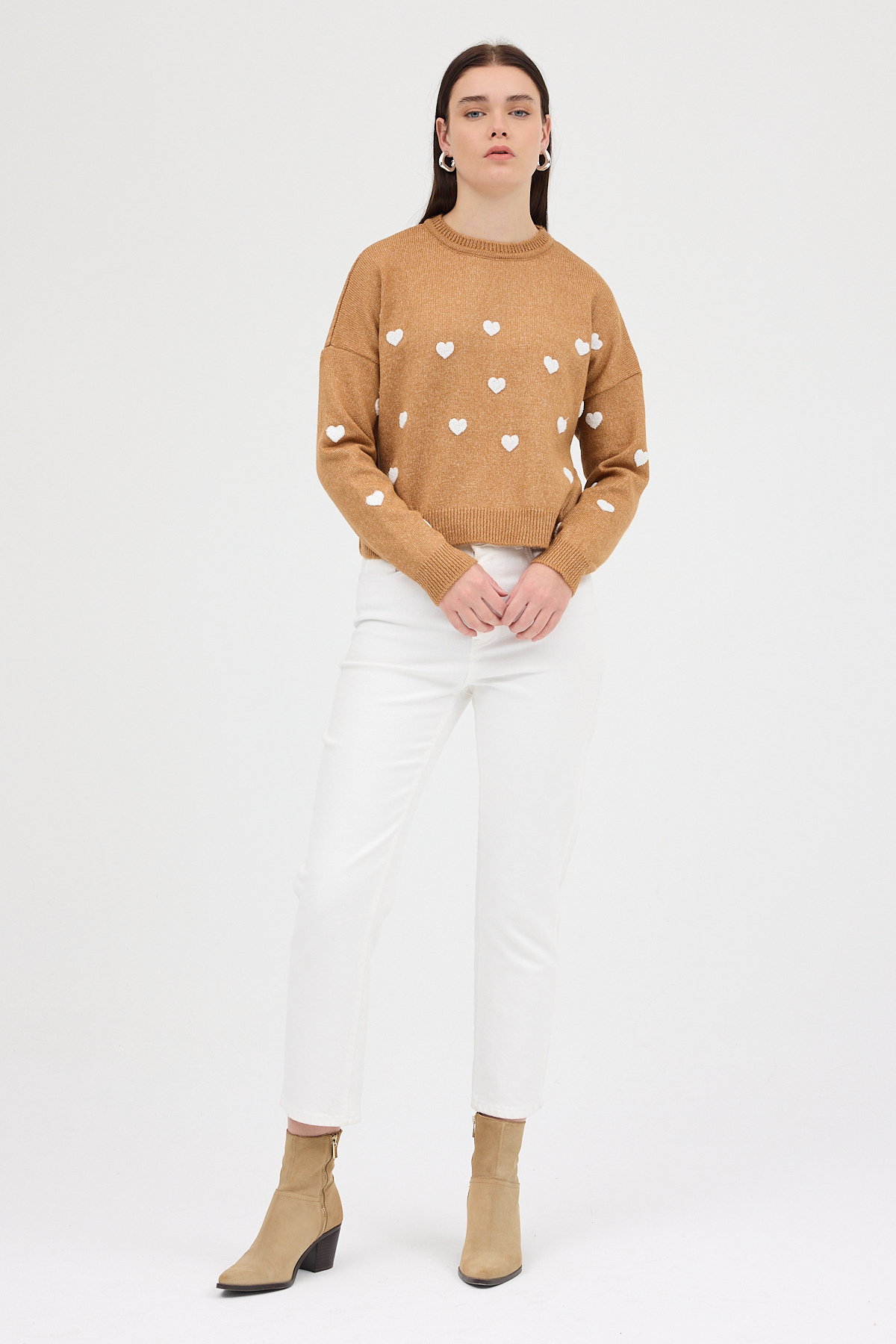 Taba Kalp Nakışlı Bisiklet Yaka Crop Kazak 2337 - 3