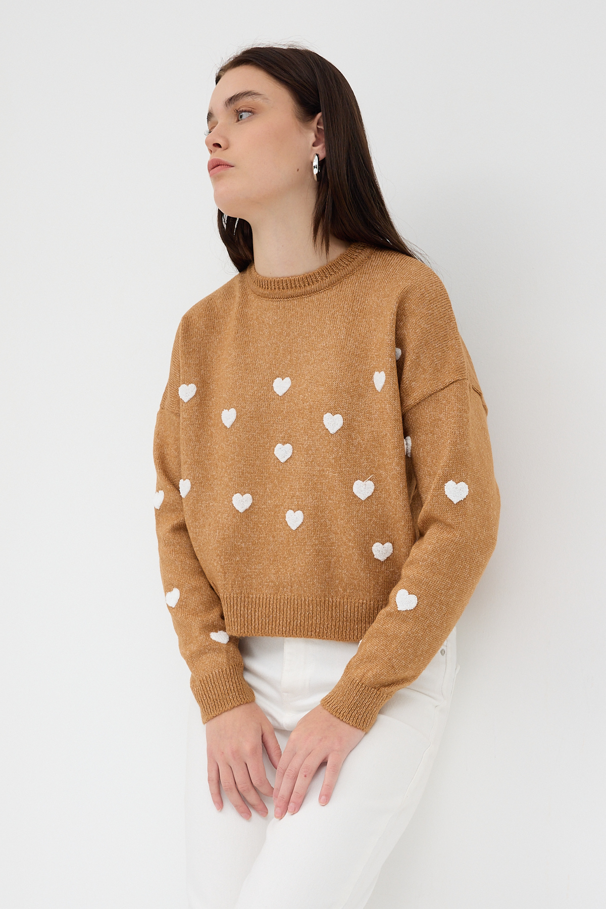 Taba Kalp Nakışlı Bisiklet Yaka Crop Kazak 2337 - 6