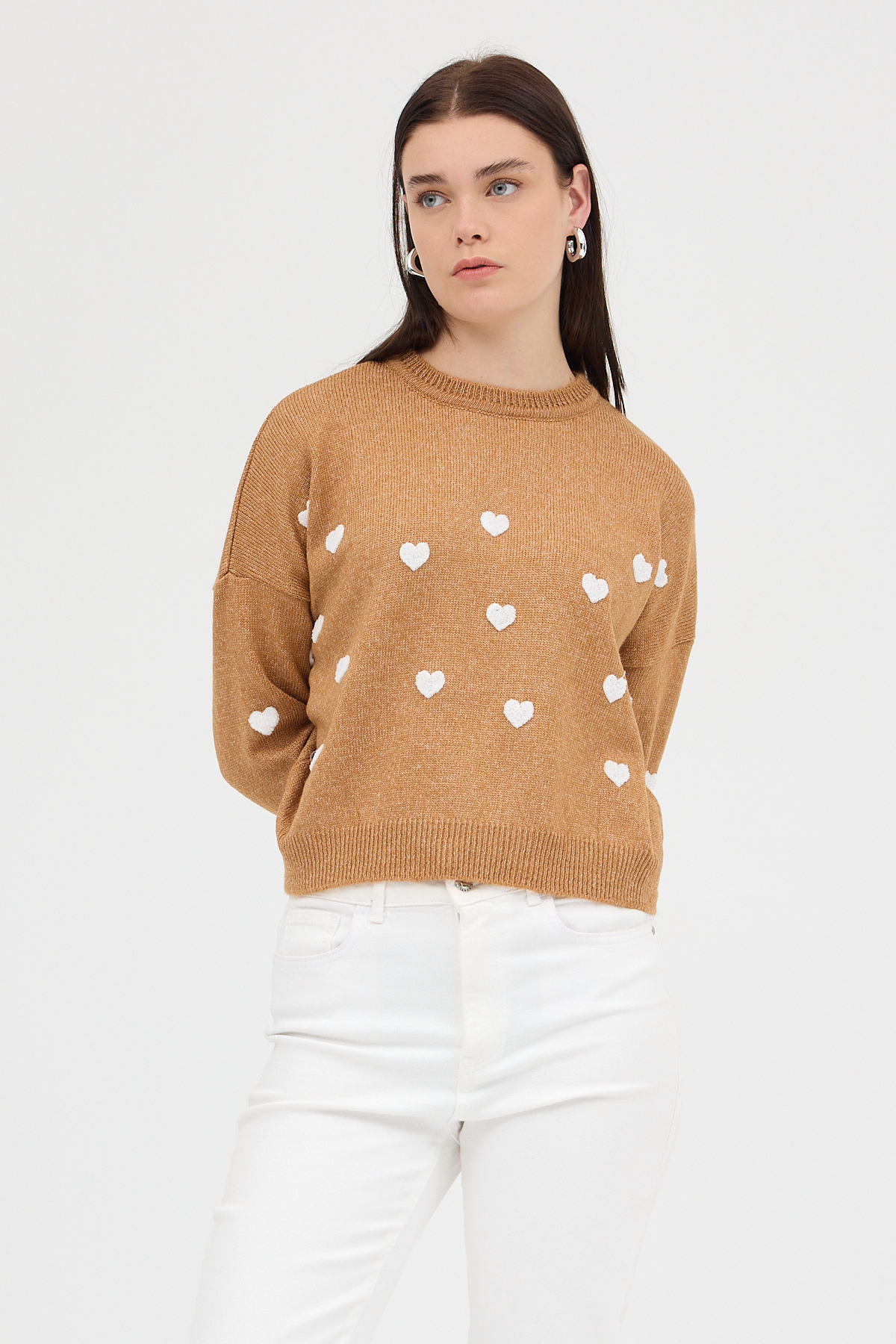 Taba Kalp Nakışlı Bisiklet Yaka Crop Kazak 2337 - 7