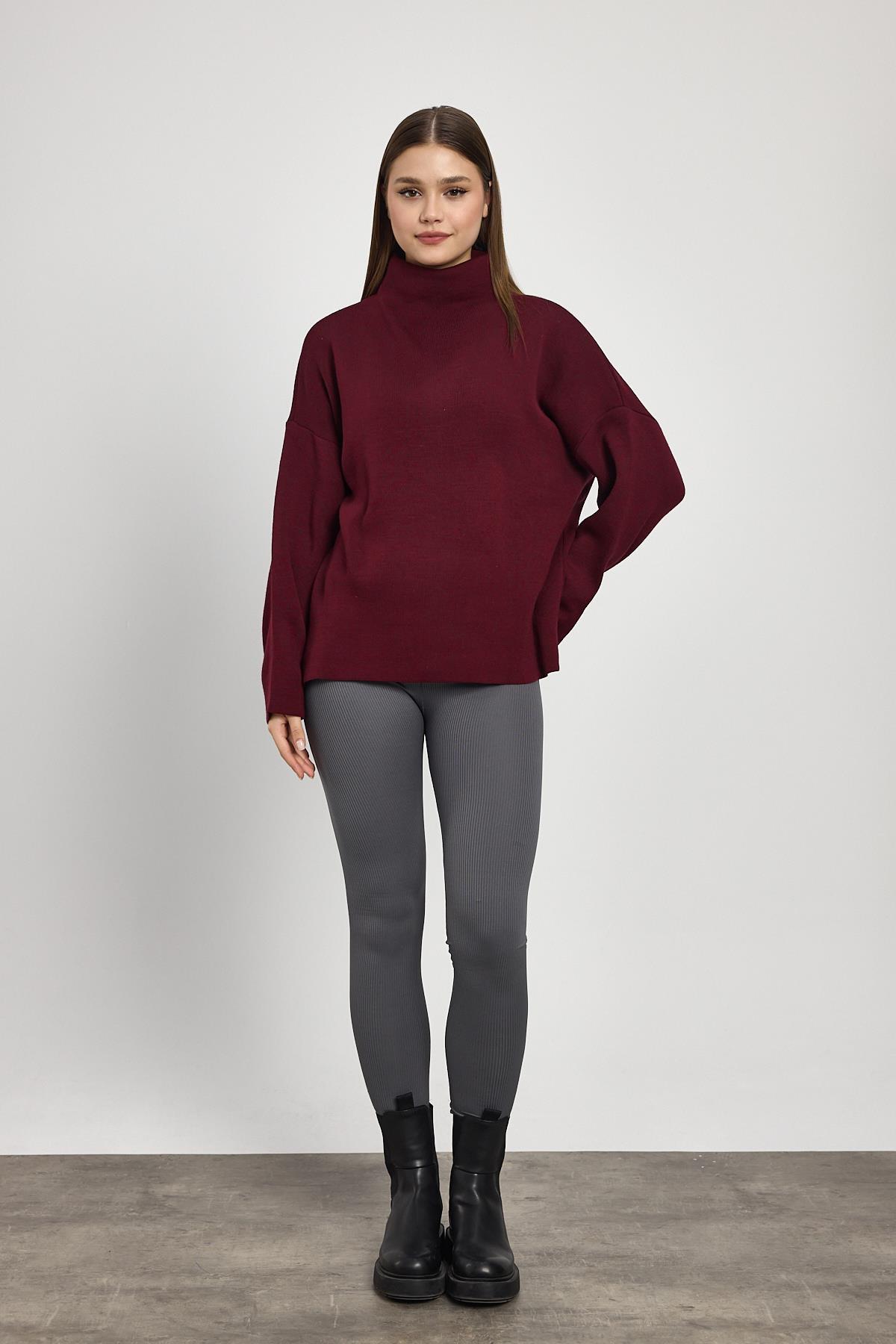 Bordo Tam Boğaz Triko Kazak 23374 - 2