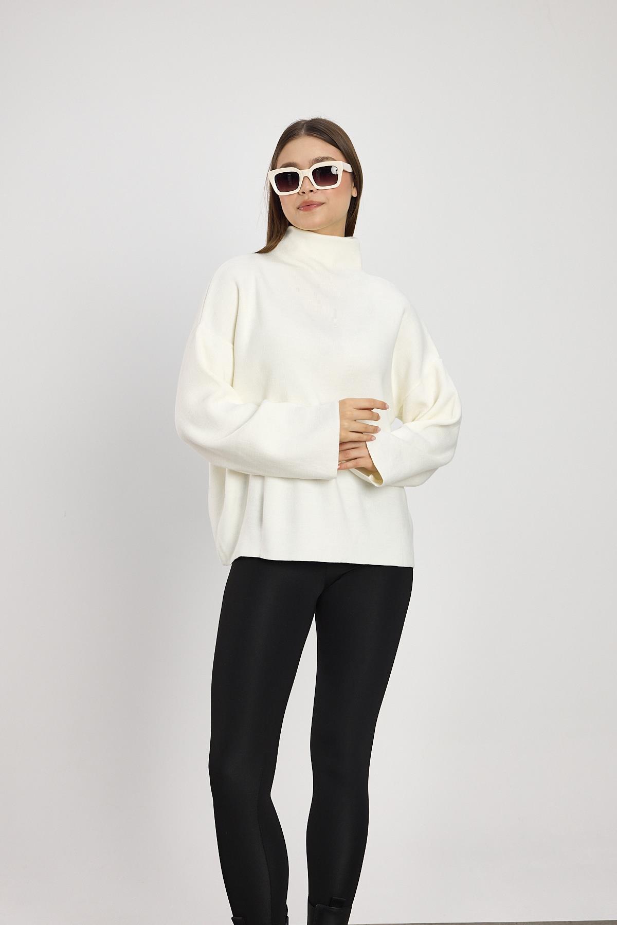 Ekru Tam Boğaz Triko Kazak 23374 - 3