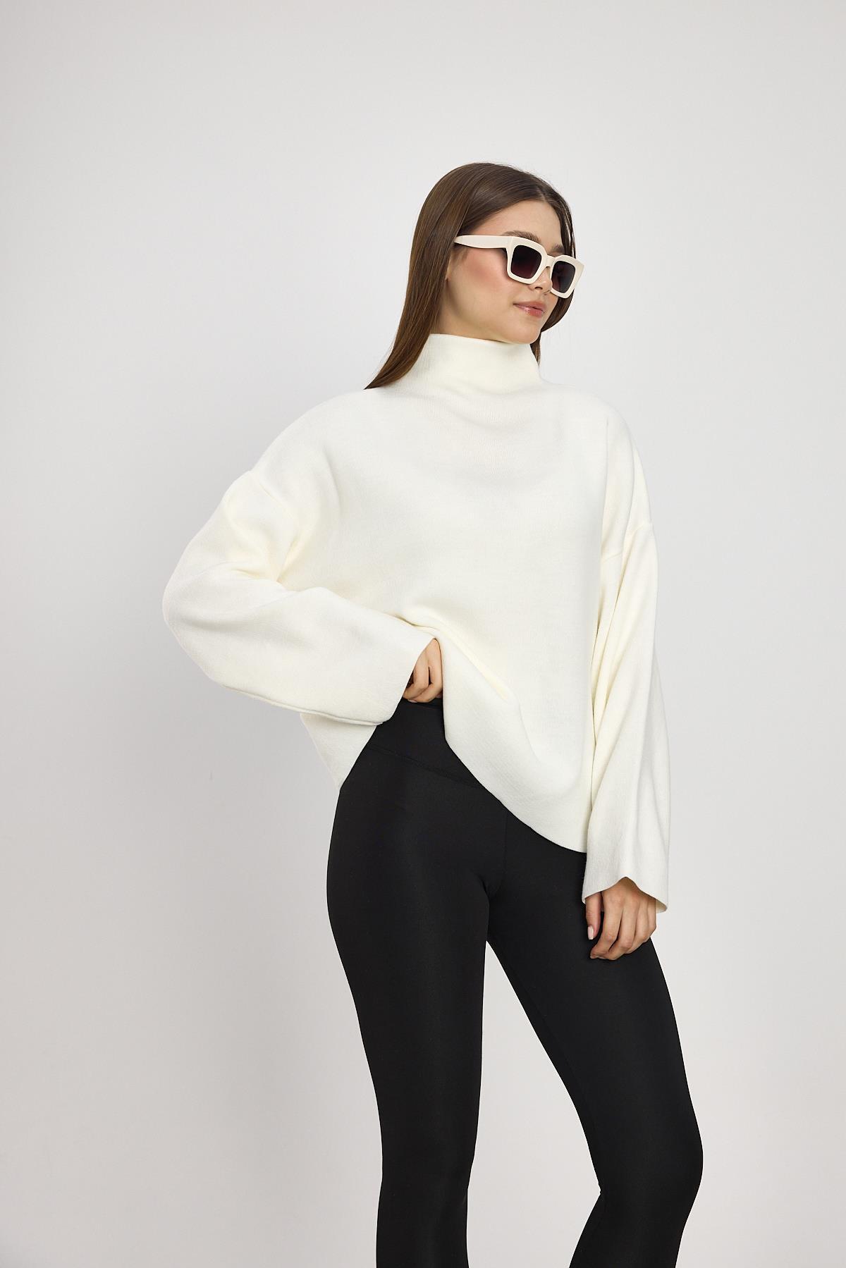 Ekru Tam Boğaz Triko Kazak 23374 - 6