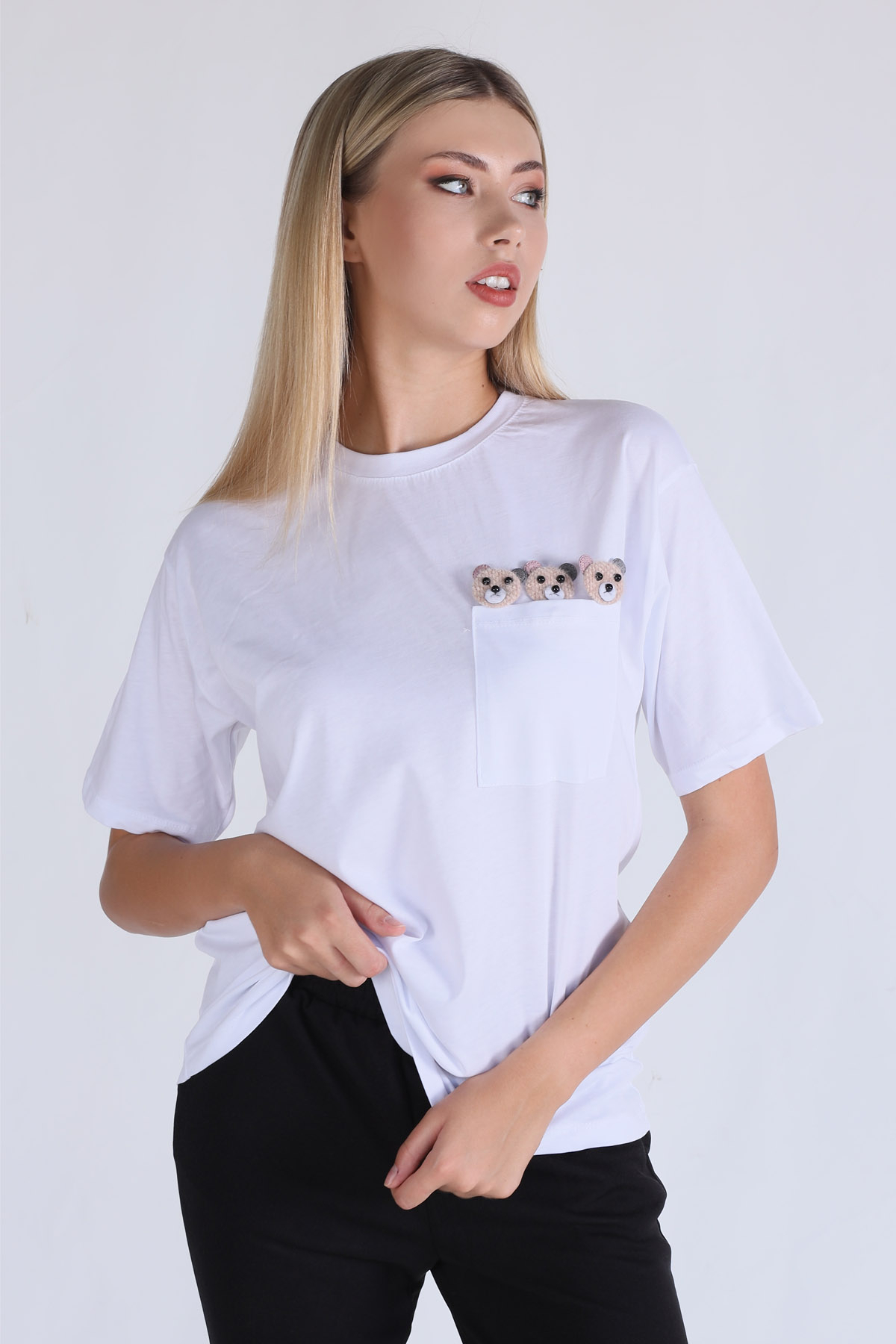 23398 Cep Ayıcık Aksesurlı Tişört Beyaz - 2