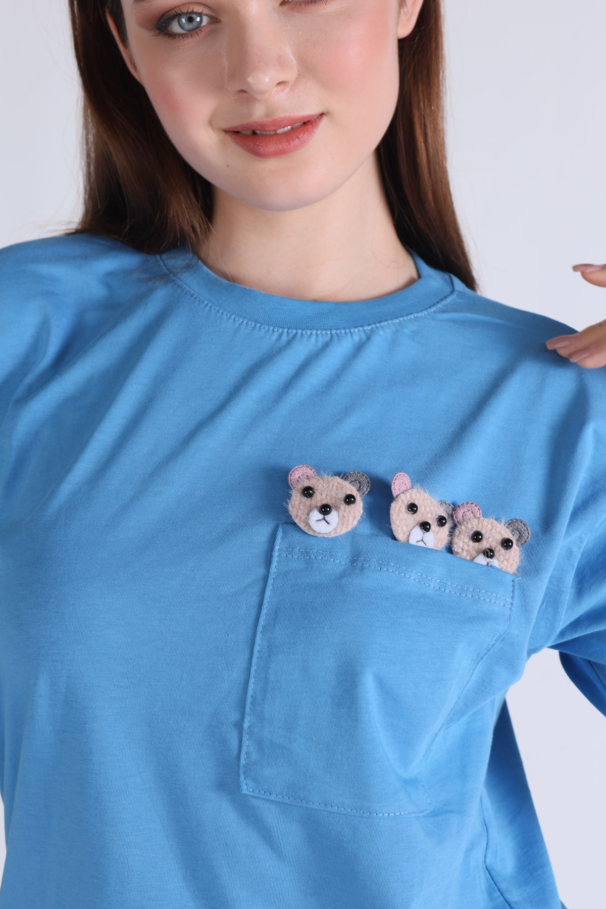 23398 Cep Ayıcık Aksesurlı Tişört Mavi 