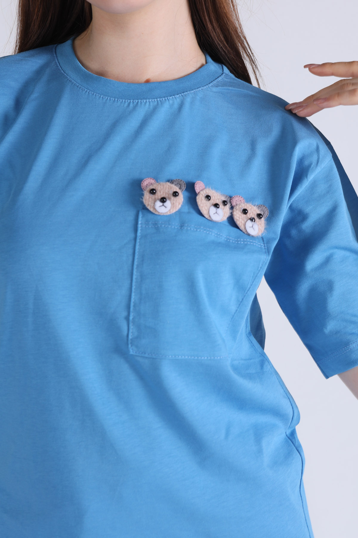 Mavi Cep Ayıcık Aksesuarlı Tişört 23398 - 2