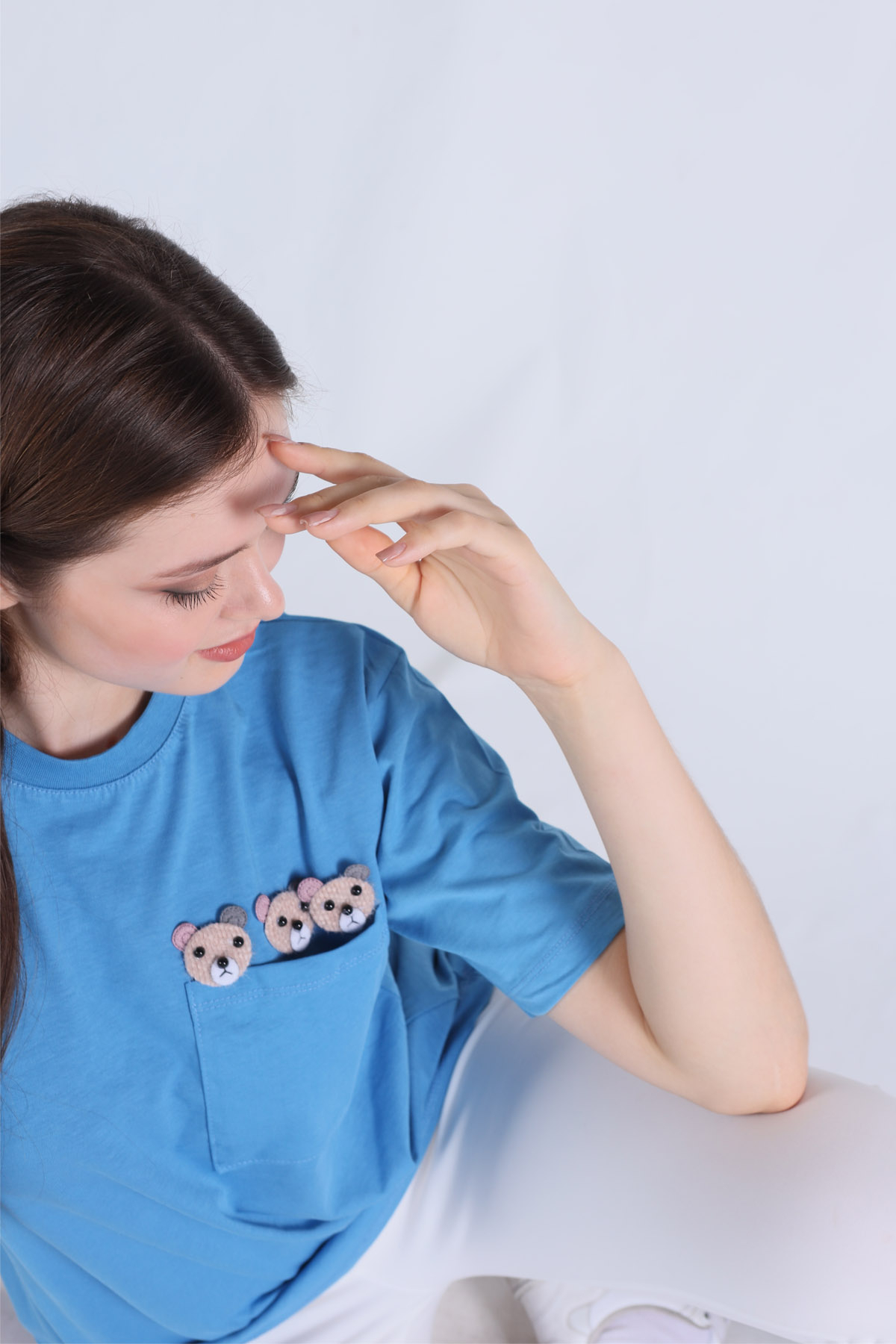 Mavi Cep Ayıcık Aksesuarlı Tişört 23398 - 3