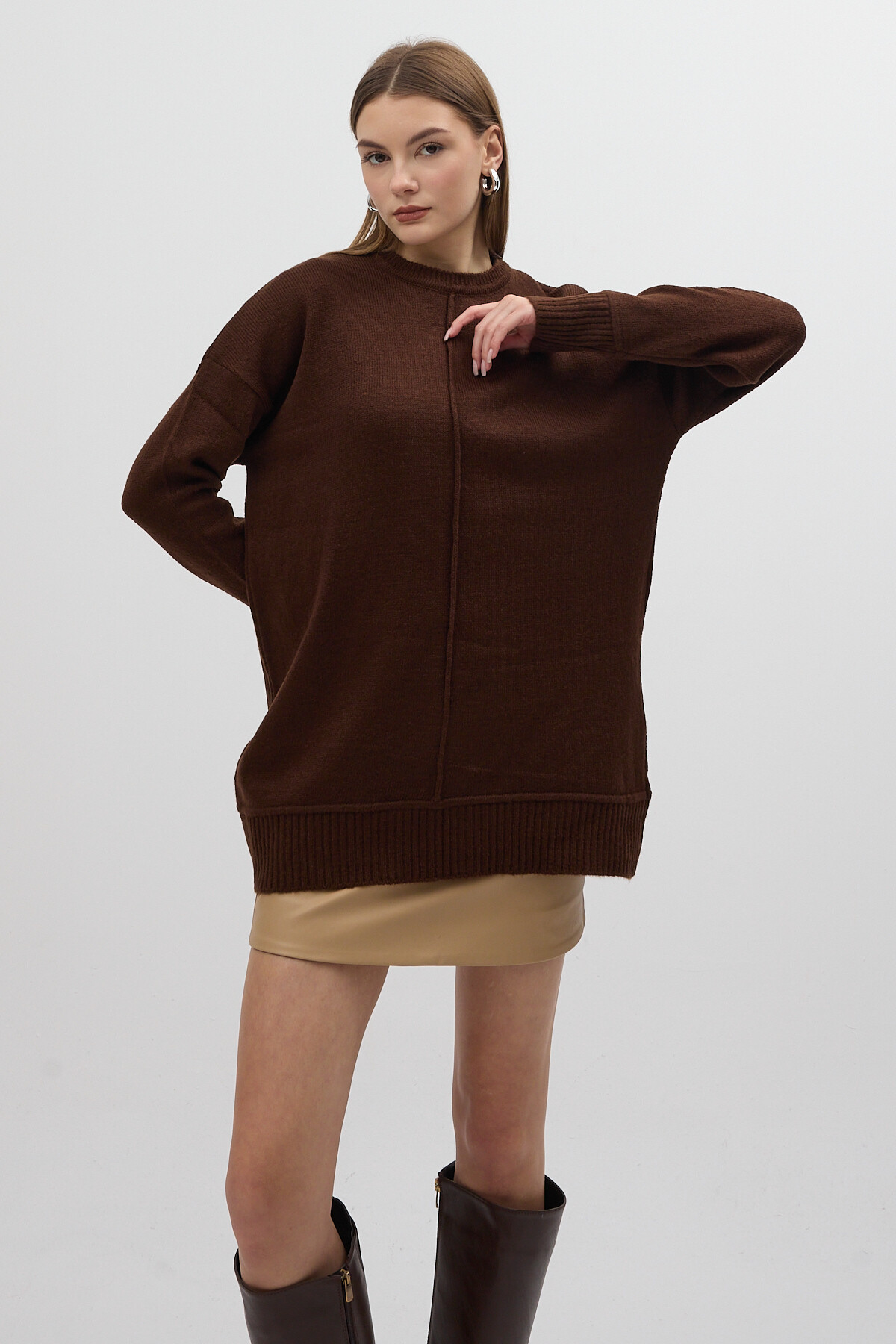 Acı Kahve Bisiklet Yaka Ön Dikiş Detaylı Kadın Kazak 2345 - RAYS (1)