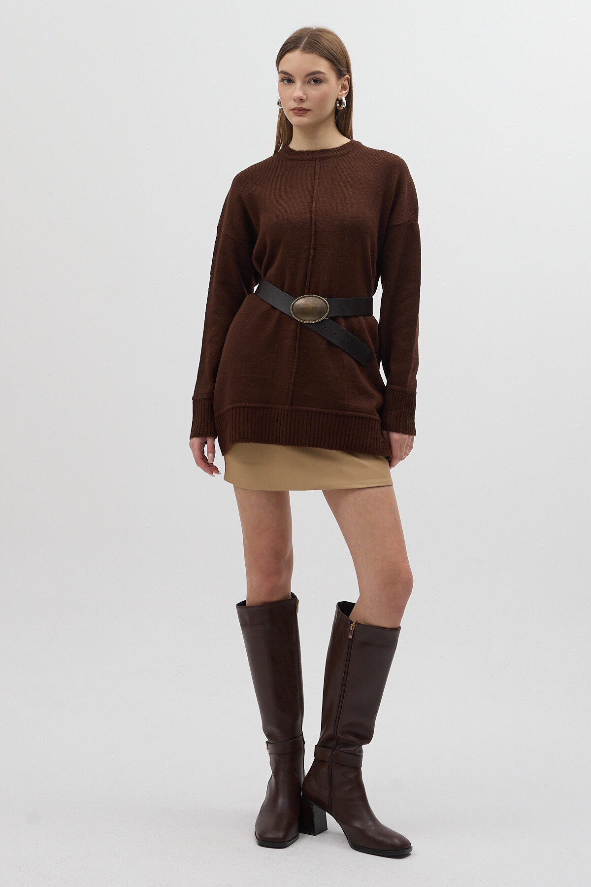 Acı Kahve Bisiklet Yaka Ön Dikiş Detaylı Kadın Kazak 2345 - 5