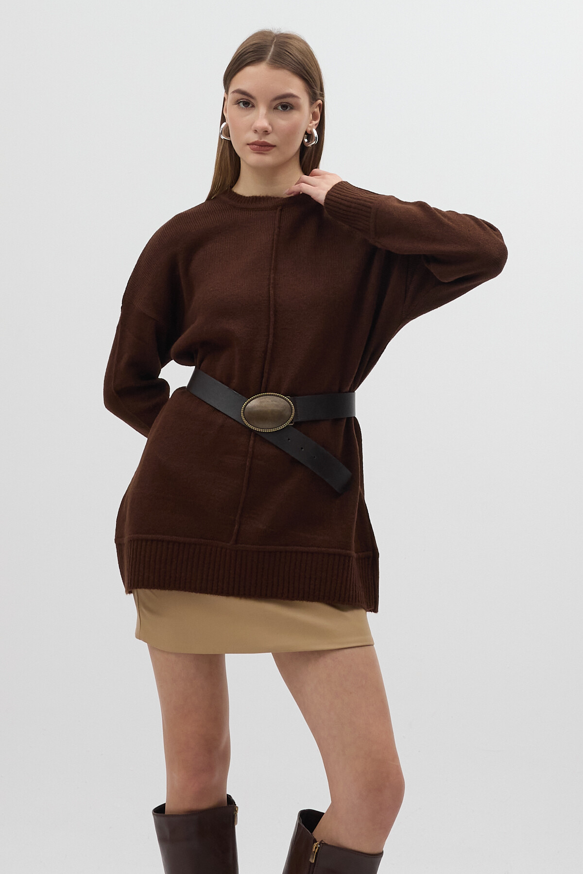 Acı Kahve Bisiklet Yaka Ön Dikiş Detaylı Kadın Kazak 2345 - 6