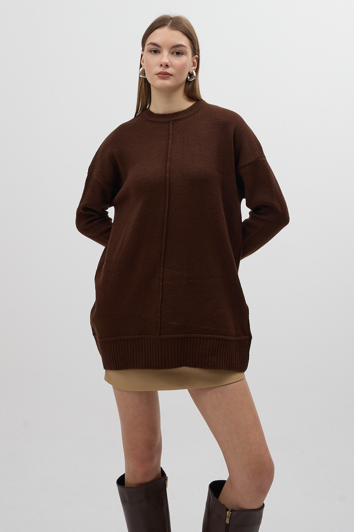 Acı Kahve Bisiklet Yaka Ön Dikiş Detaylı Kadın Kazak 2345 