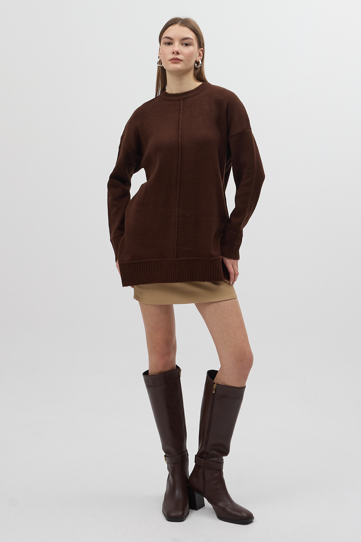 Acı Kahve Bisiklet Yaka Ön Dikiş Detaylı Kadın Kazak 2345 - 3