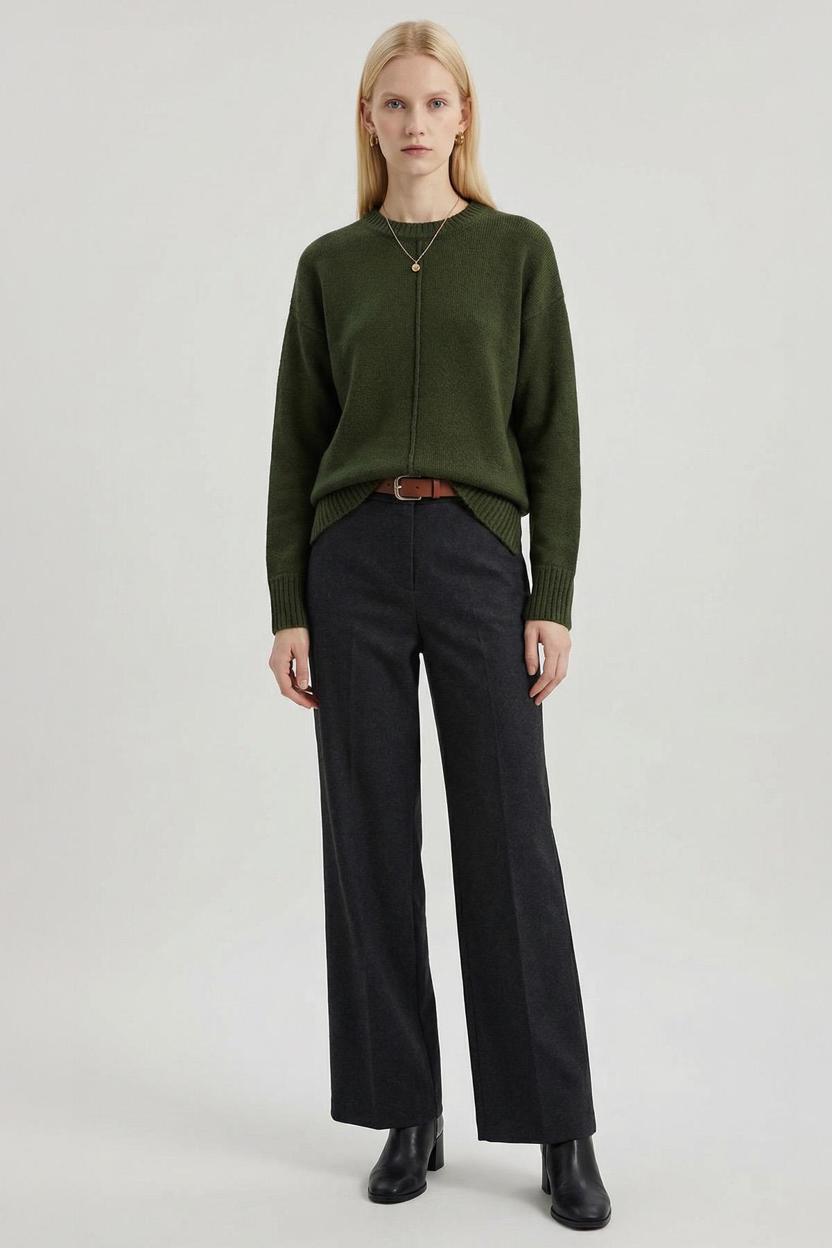 2345 Bisiklet Yaka Uzun Kol Kazak Haki - 1