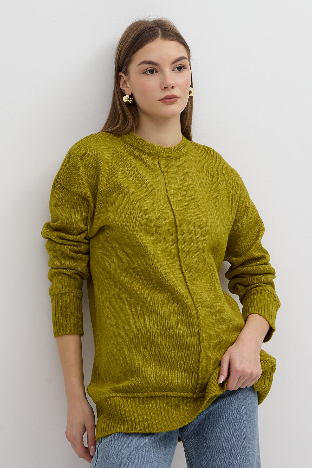 Olive Yeşili Bisiklet Yaka Ön Dikiş Detaylı Kadın Kazak 2345 - RAYS (1)