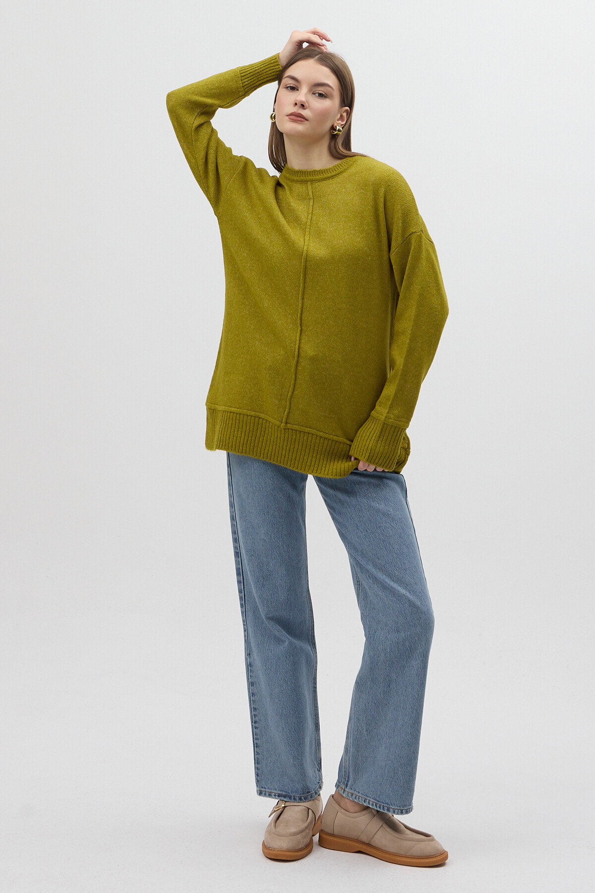 Olive Yeşili Bisiklet Yaka Ön Dikiş Detaylı Kadın Kazak 2345 - 5