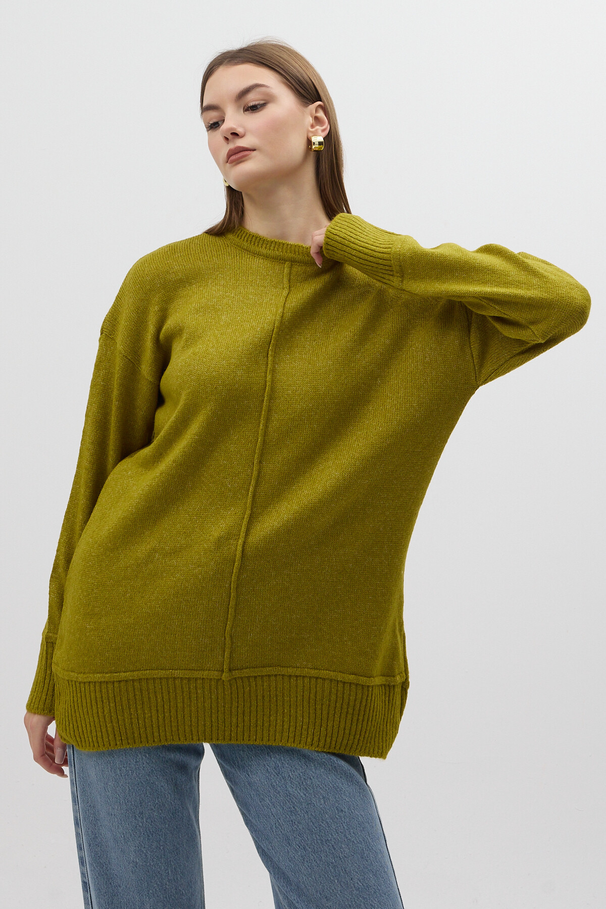 Olive Yeşili Bisiklet Yaka Ön Dikiş Detaylı Kadın Kazak 2345 