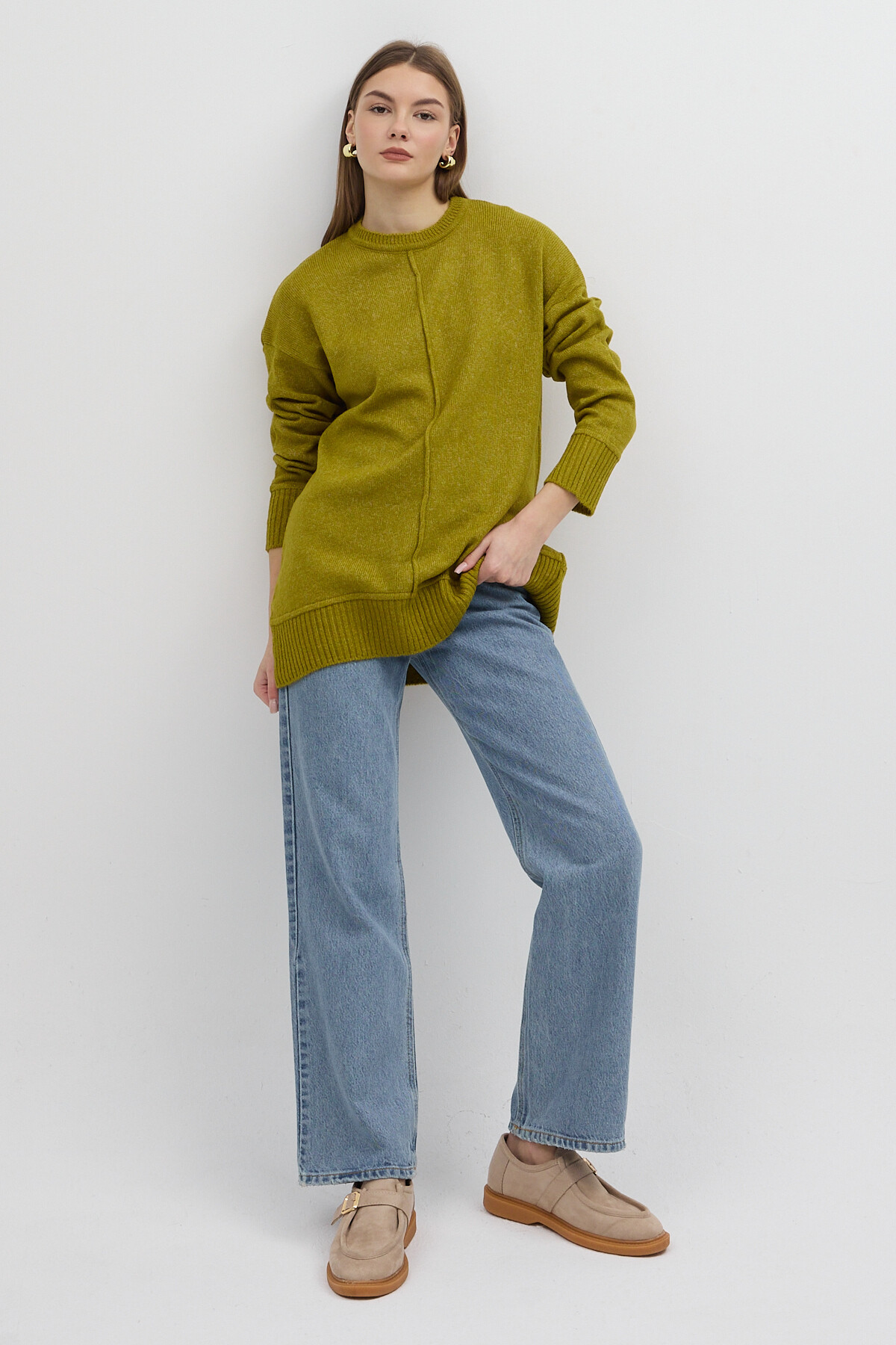 Olive Yeşili Bisiklet Yaka Ön Dikiş Detaylı Kadın Kazak 2345 - 3