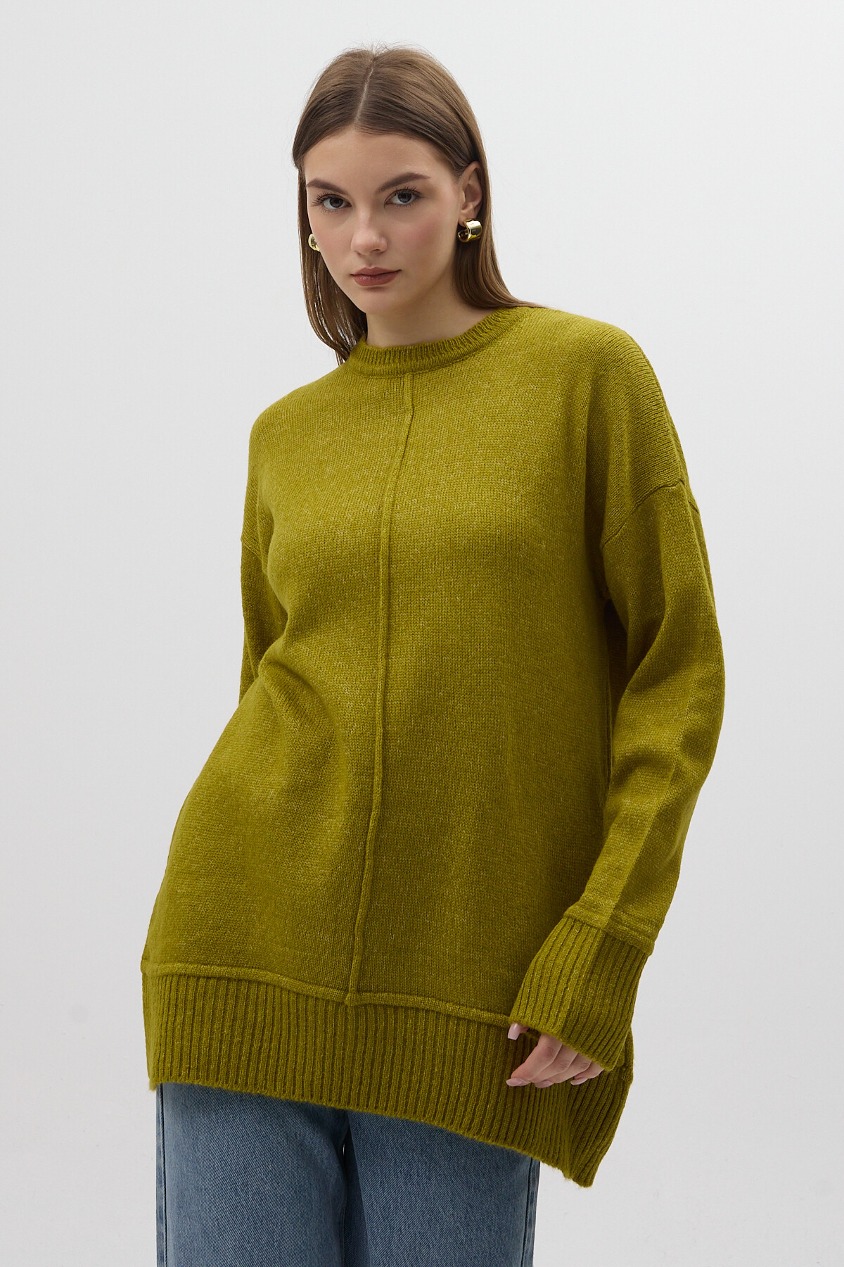 Olive Yeşili Bisiklet Yaka Ön Dikiş Detaylı Kadın Kazak 2345 - 6