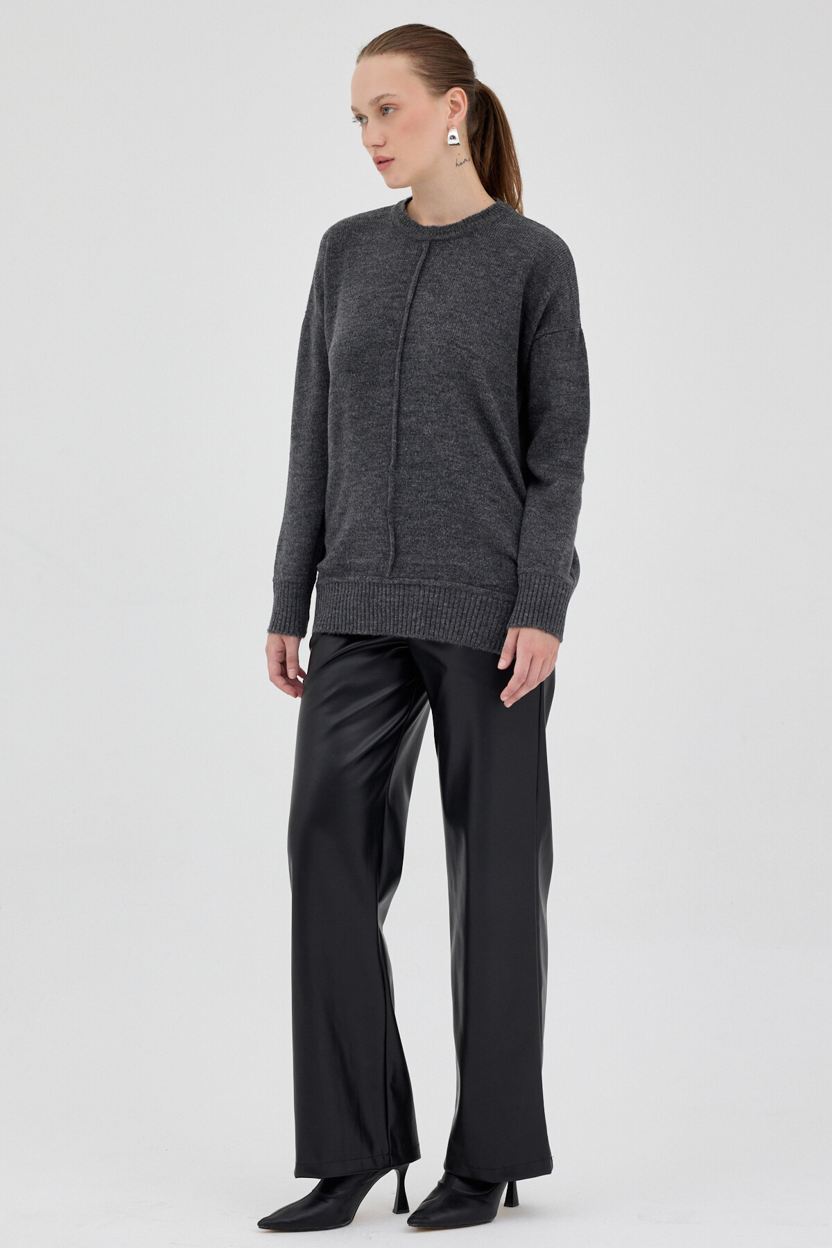 Antrasit Oversize Bisiklet Yaka Kadın Kazak 2345 - 3