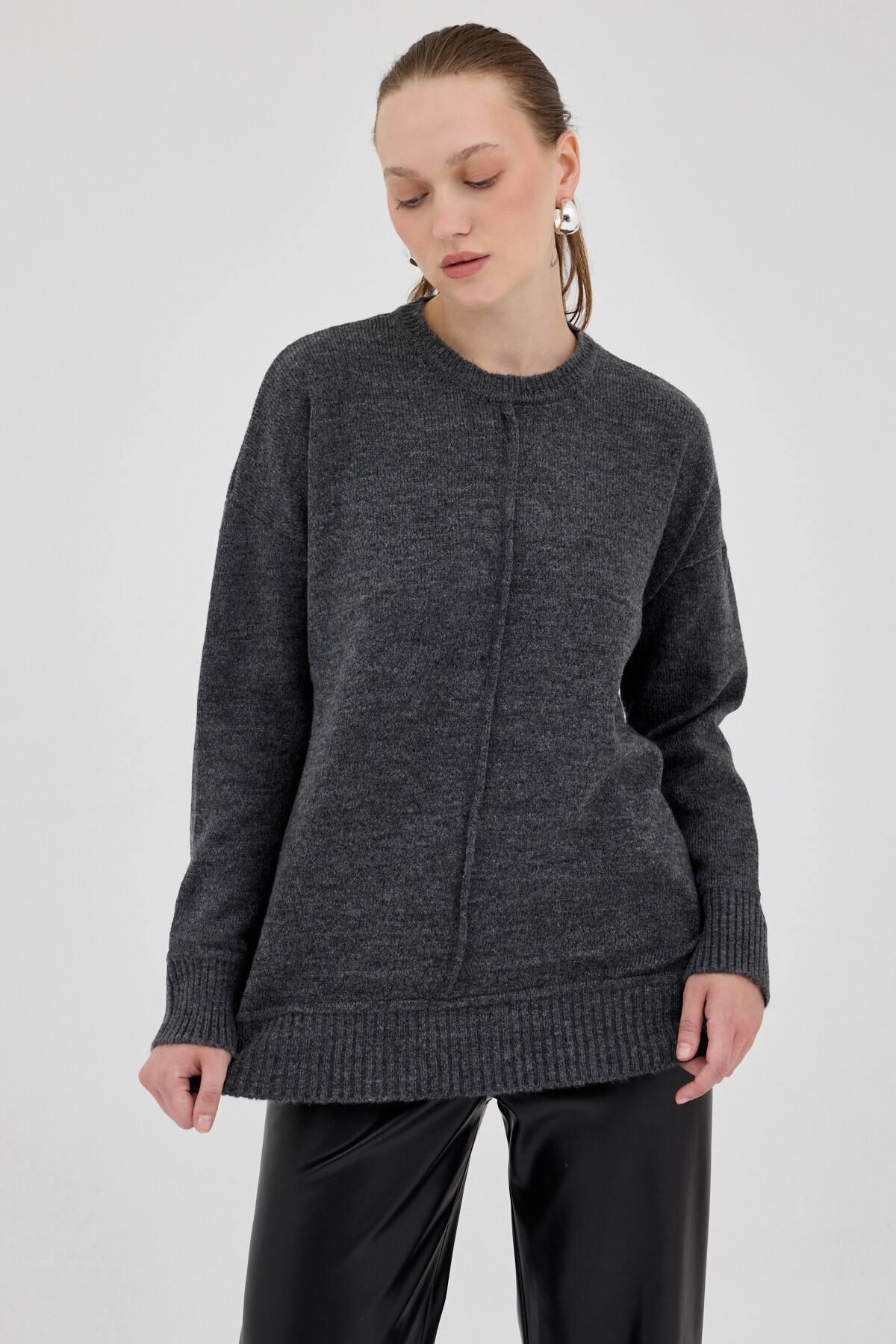 Antrasit Oversize Bisiklet Yaka Kadın Kazak 2345 - 2