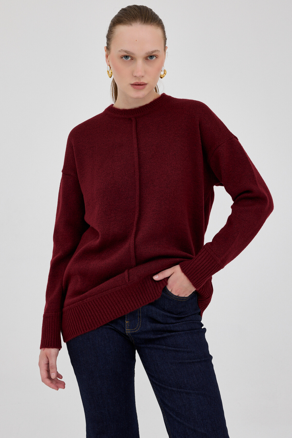 Bordo Oversize Bisiklet Yaka Kadın Kazak 2345 - RAYS