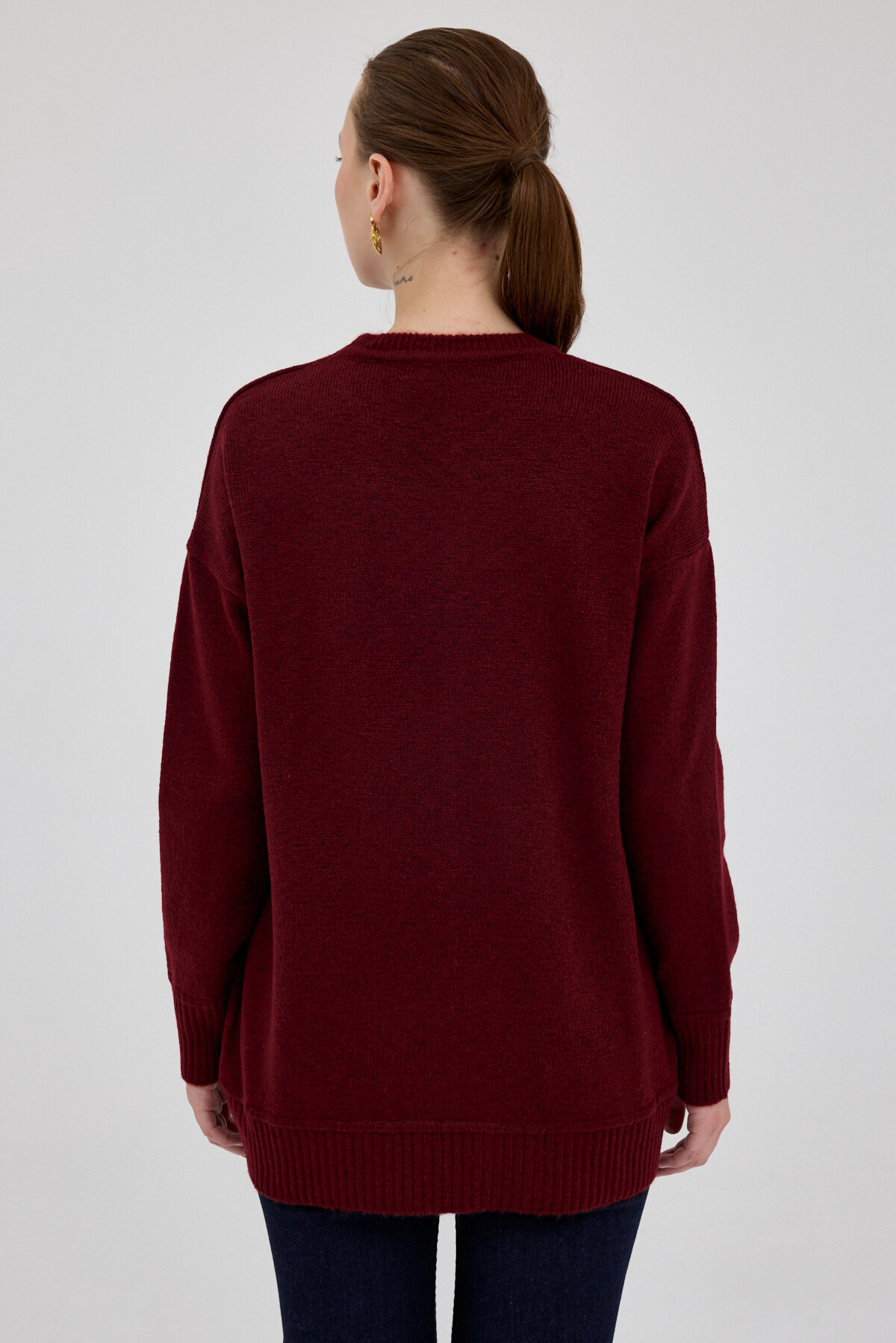 Bordo Oversize Bisiklet Yaka Kadın Kazak 2345 - 5