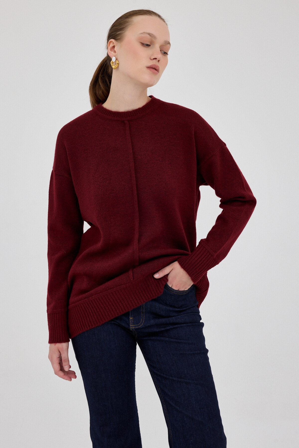 Bordo Oversize Bisiklet Yaka Kadın Kazak 2345 - 7