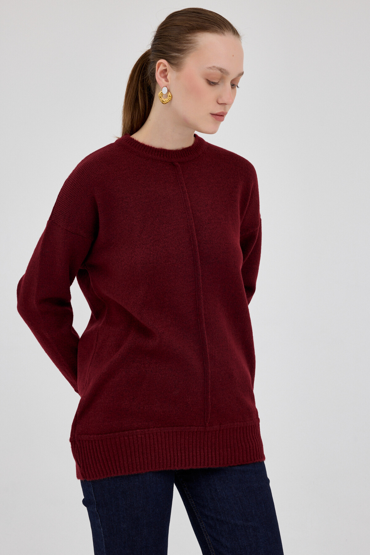 Bordo Oversize Bisiklet Yaka Kadın Kazak 2345 - 6