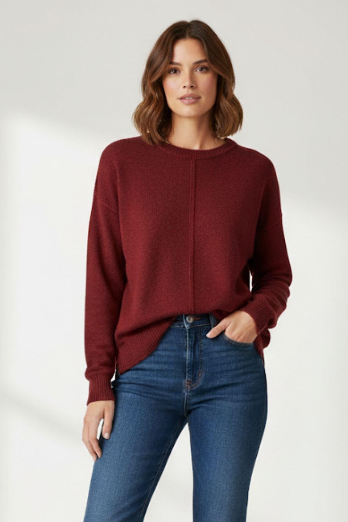 Bordo Oversize Bisiklet Yaka Kadın Kazak 2345 