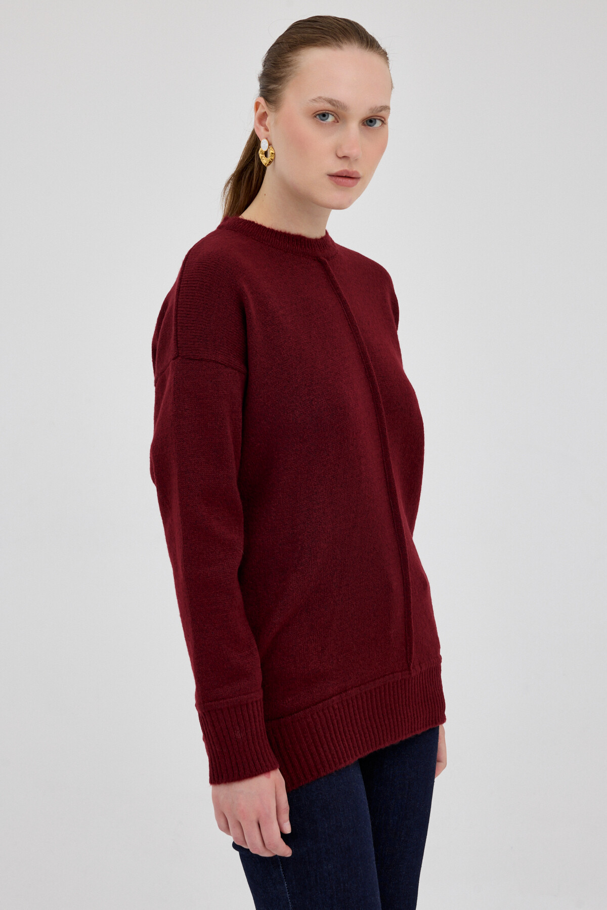 Bordo Oversize Bisiklet Yaka Kadın Kazak 2345 - 2