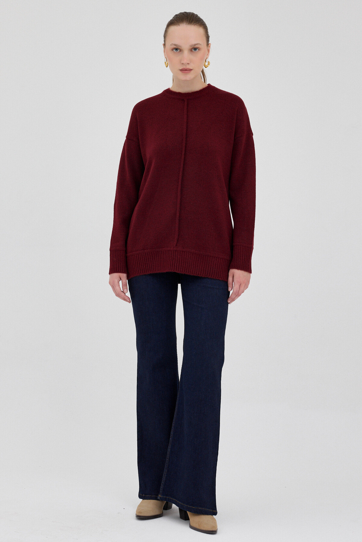 Bordo Oversize Bisiklet Yaka Kadın Kazak 2345 - 3