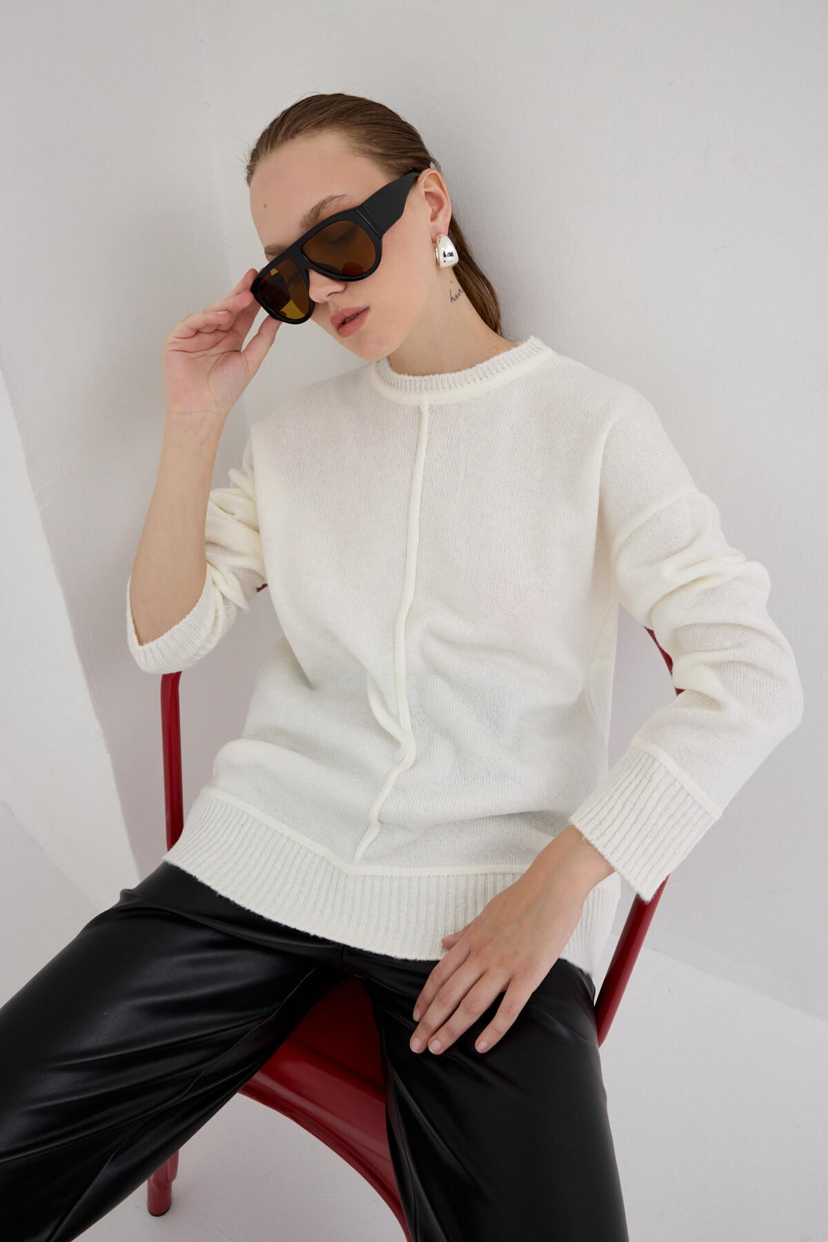 Natural Oversize Bisiklet Yaka Kadın Kazak 2345 - 1