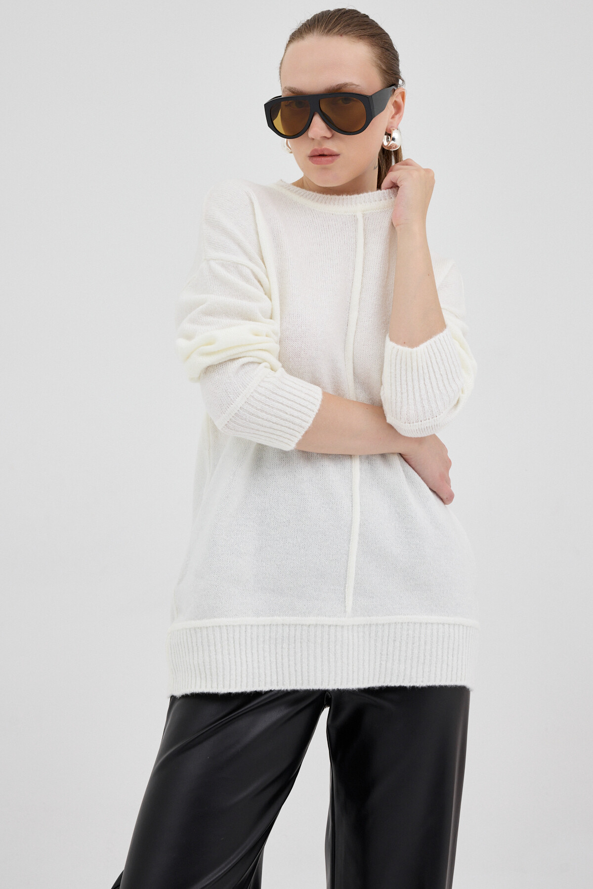 Natural Oversize Bisiklet Yaka Kadın Kazak 2345 - 6