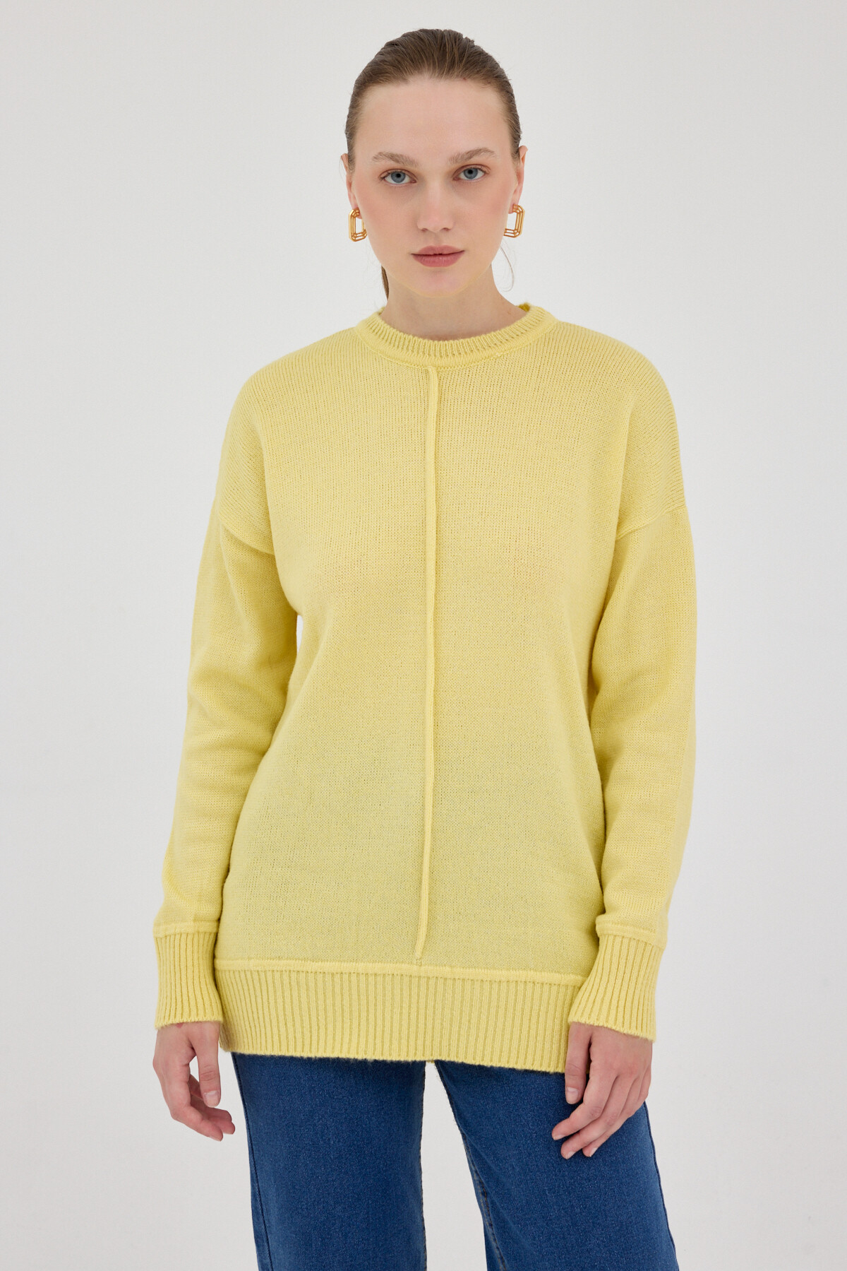 Sarı Oversize Bisiklet Yaka Kadın Kazak 2345 - 1