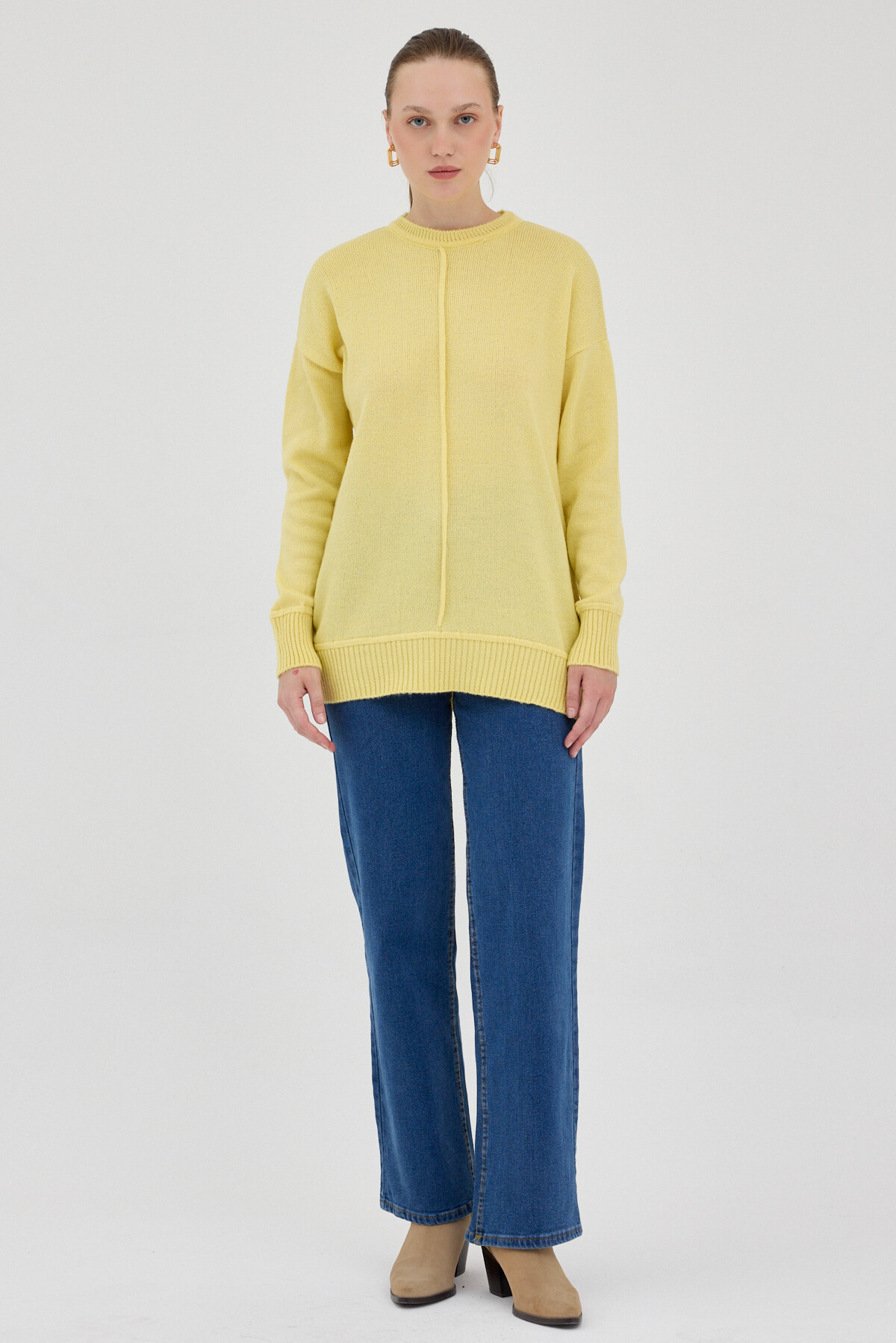 Sarı Oversize Bisiklet Yaka Kadın Kazak 2345 - 3