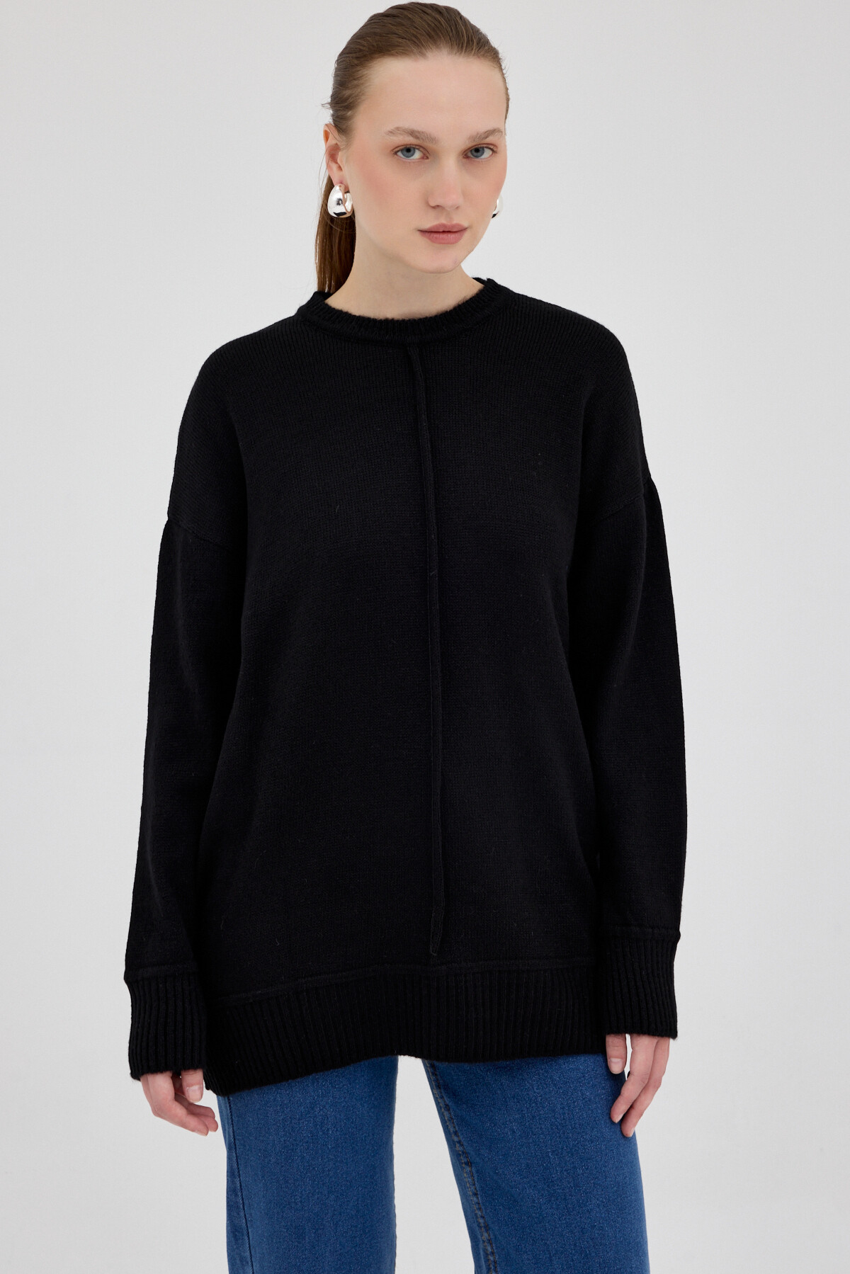 Siyah Oversize Bisiklet Yaka Kadın Kazak 2345 - 1