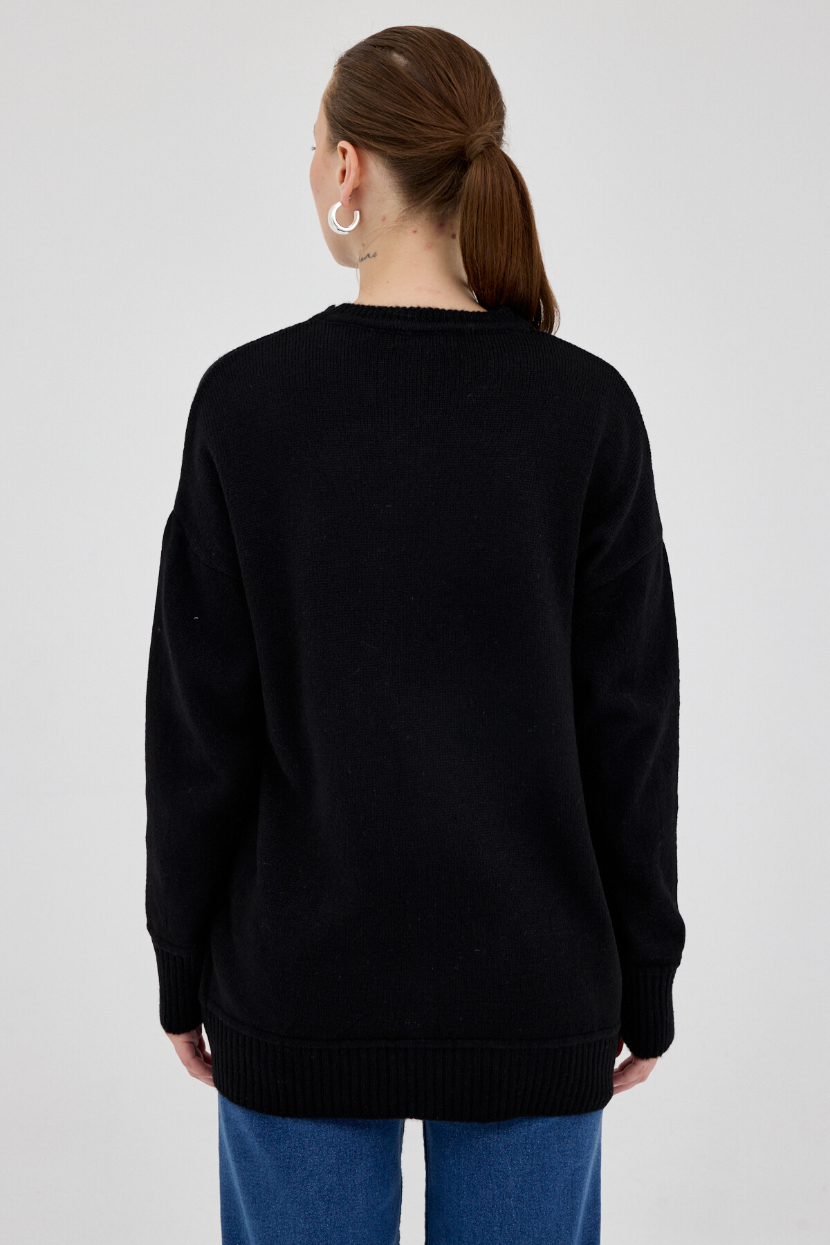 Siyah Oversize Bisiklet Yaka Kadın Kazak 2345 - 5