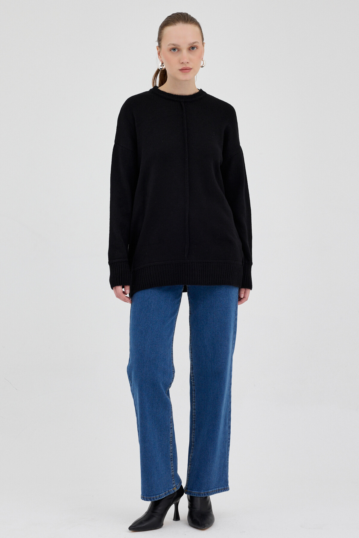 Siyah Oversize Bisiklet Yaka Kadın Kazak 2345 - 7