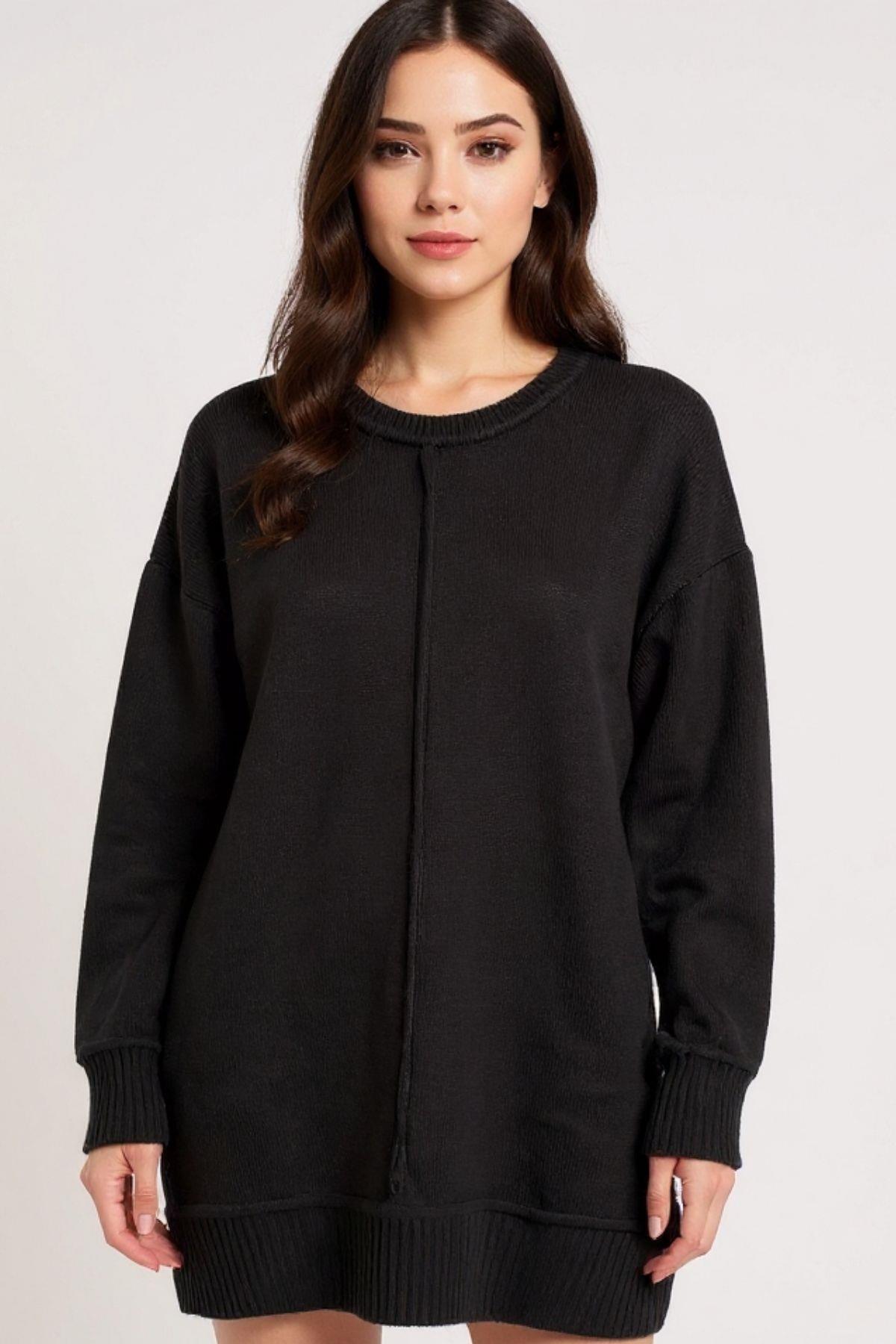Siyah Oversize Bisiklet Yaka Kadın Kazak 2345 