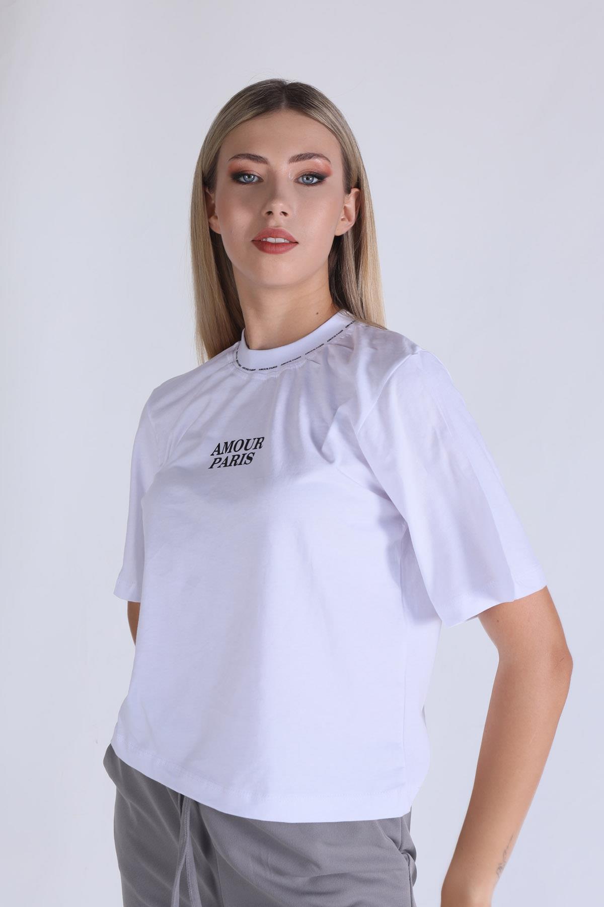 23458 Amour Baskı Tişört Beyaz - 5