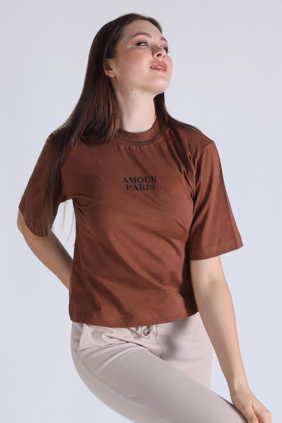 Kahve Amour Baskı Tişört 23458 