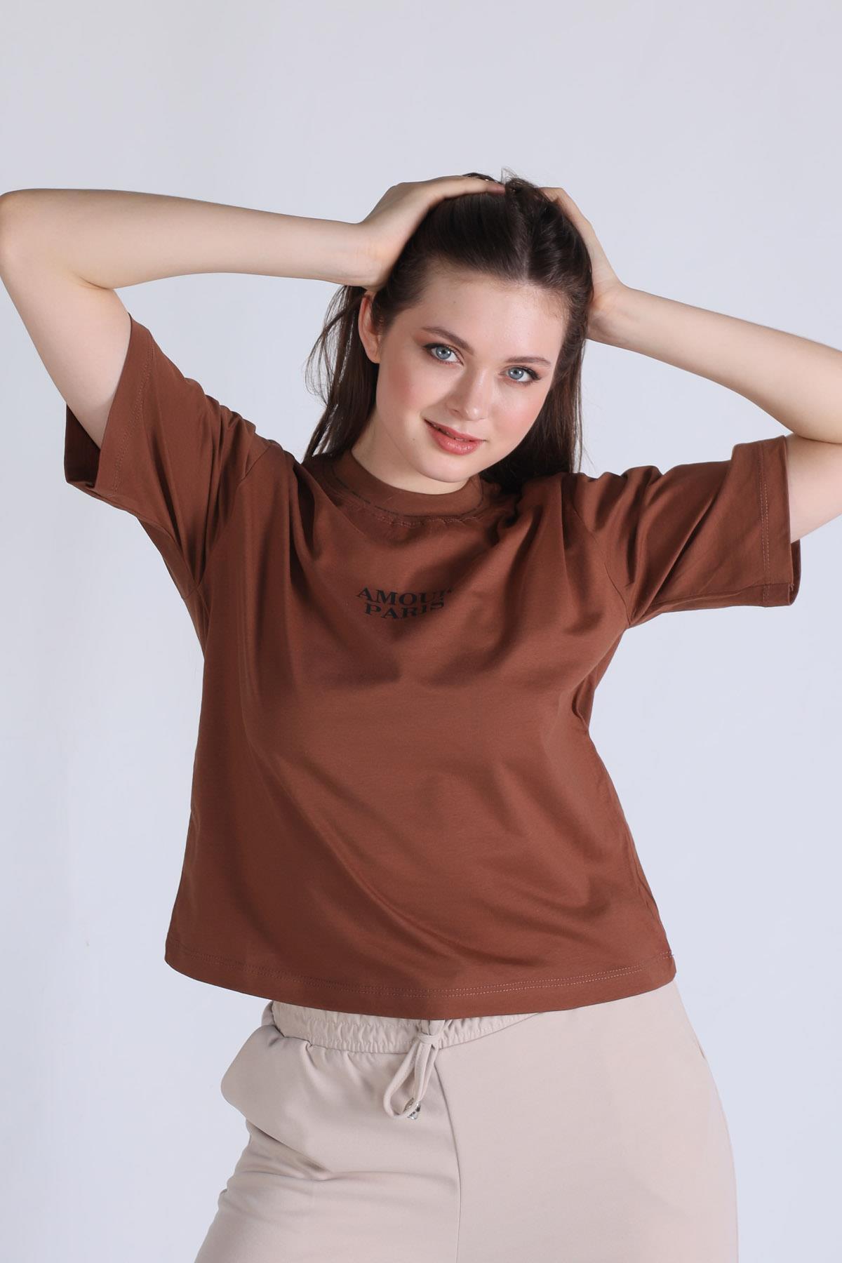 Kahve Amour Baskı Tişört 23458 - 4