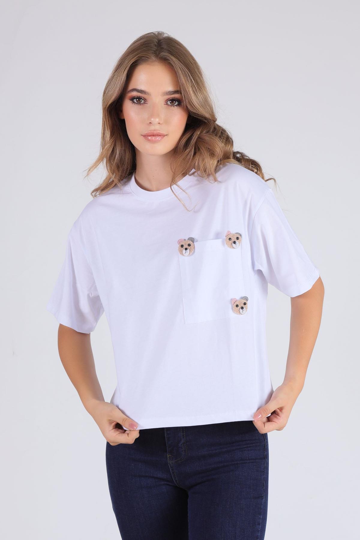 23486 Cepli Ayıcık Aksesuar Tişört Beyaz 