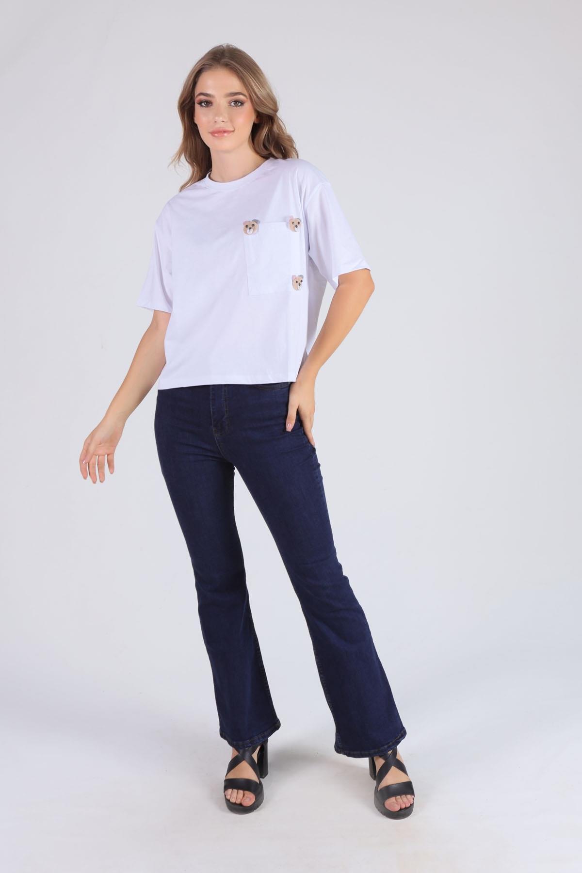 Beyaz Cepli Ayıcık Aksesuar Tişört 23486 - 2