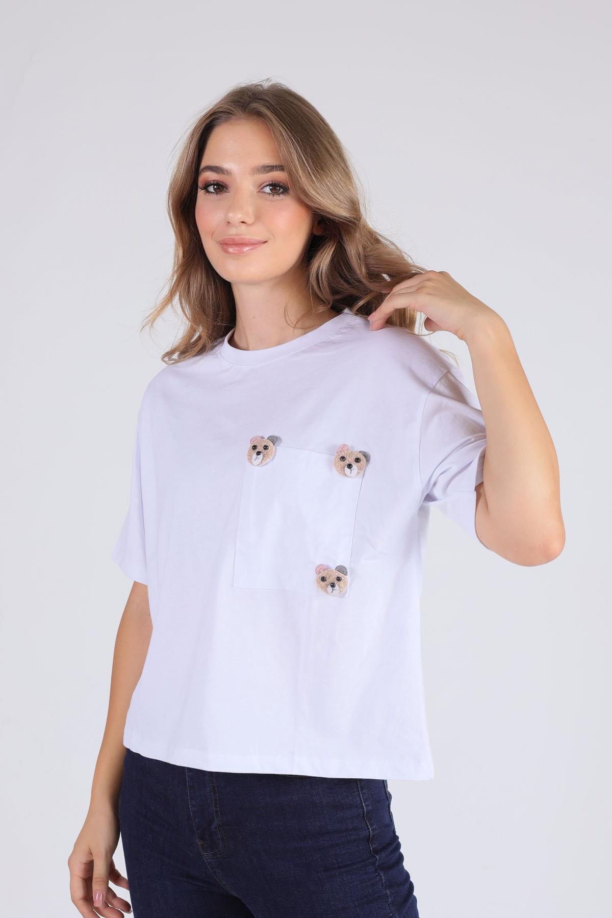 Beyaz Cepli Ayıcık Aksesuar Tişört 23486 - 3