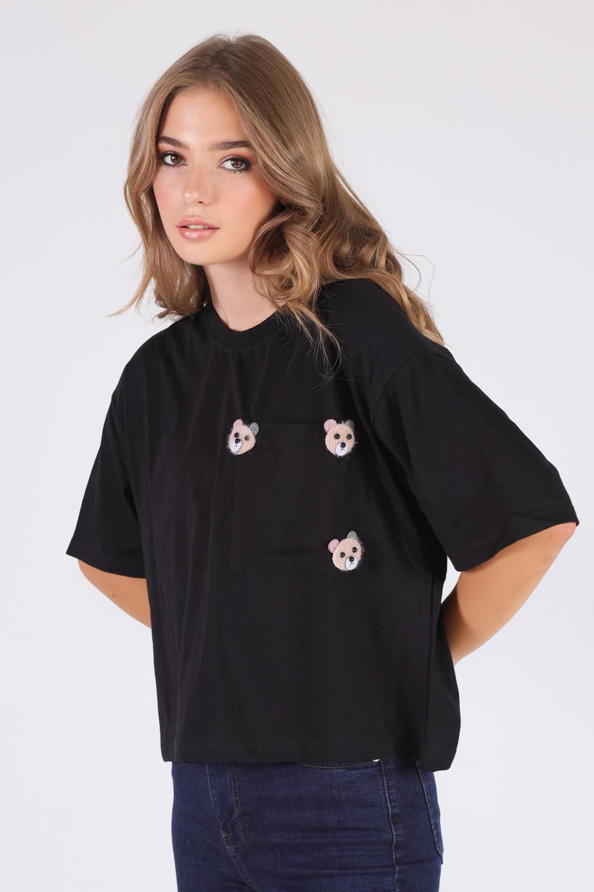 23486 Cepli Ayıcık Aksesuar Tişört Siyah - 5