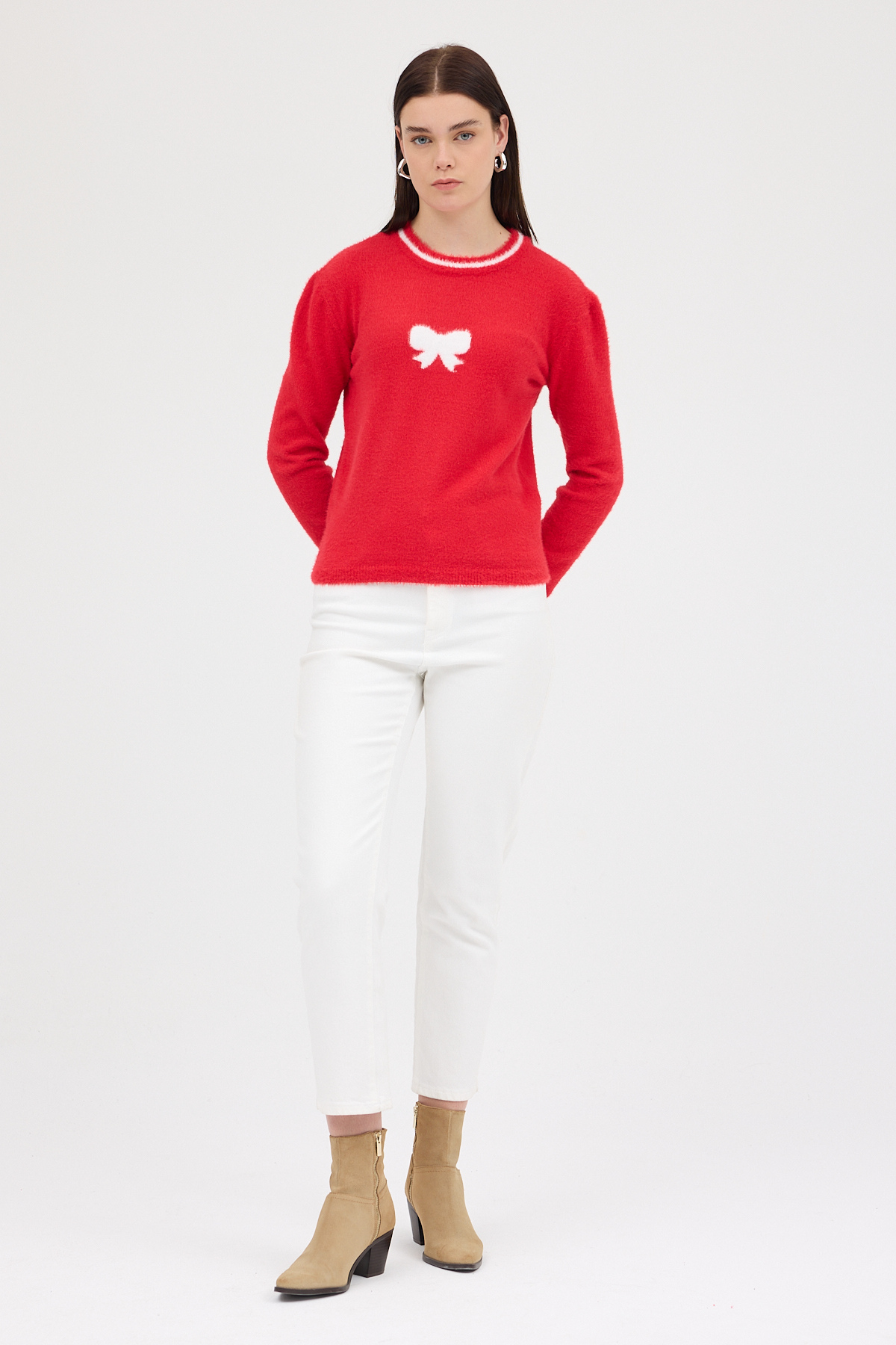 Kırmızı Bisiklet Yaka Kurdele Detaylı Kadın Kazak 2359 - 3