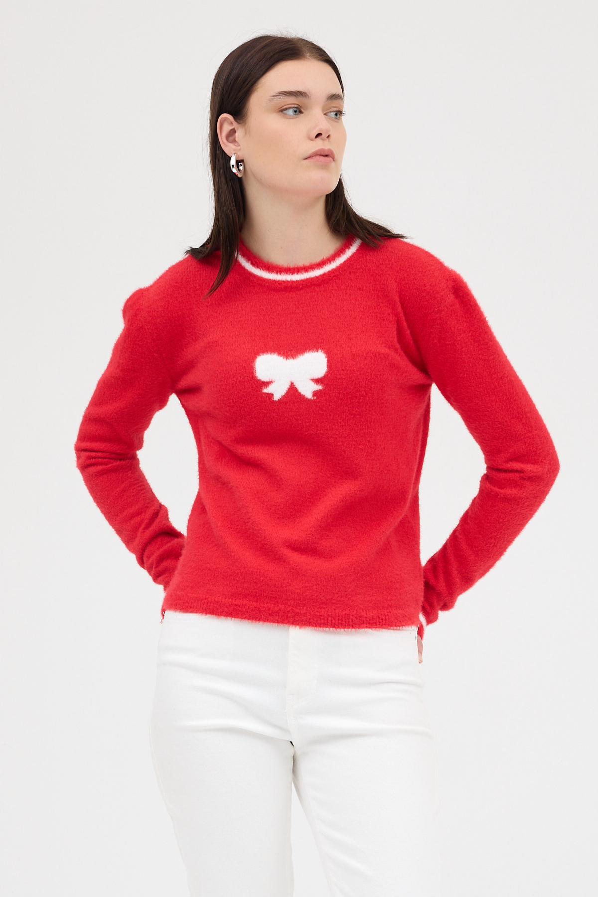 Kırmızı Bisiklet Yaka Kurdele Detaylı Kadın Kazak 2359 - 7