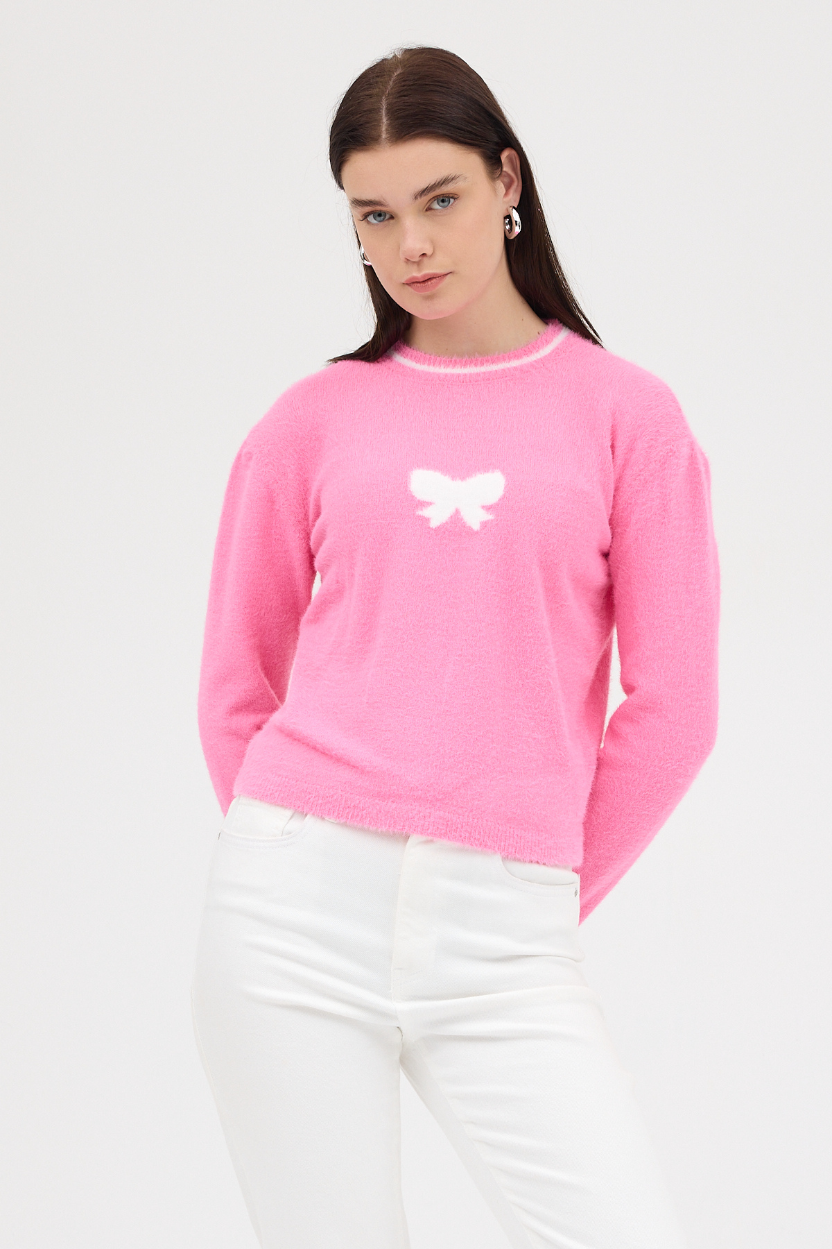 Pembe Bisiklet Yaka Kurdele Detaylı Kadın Kazak 2359 - 6