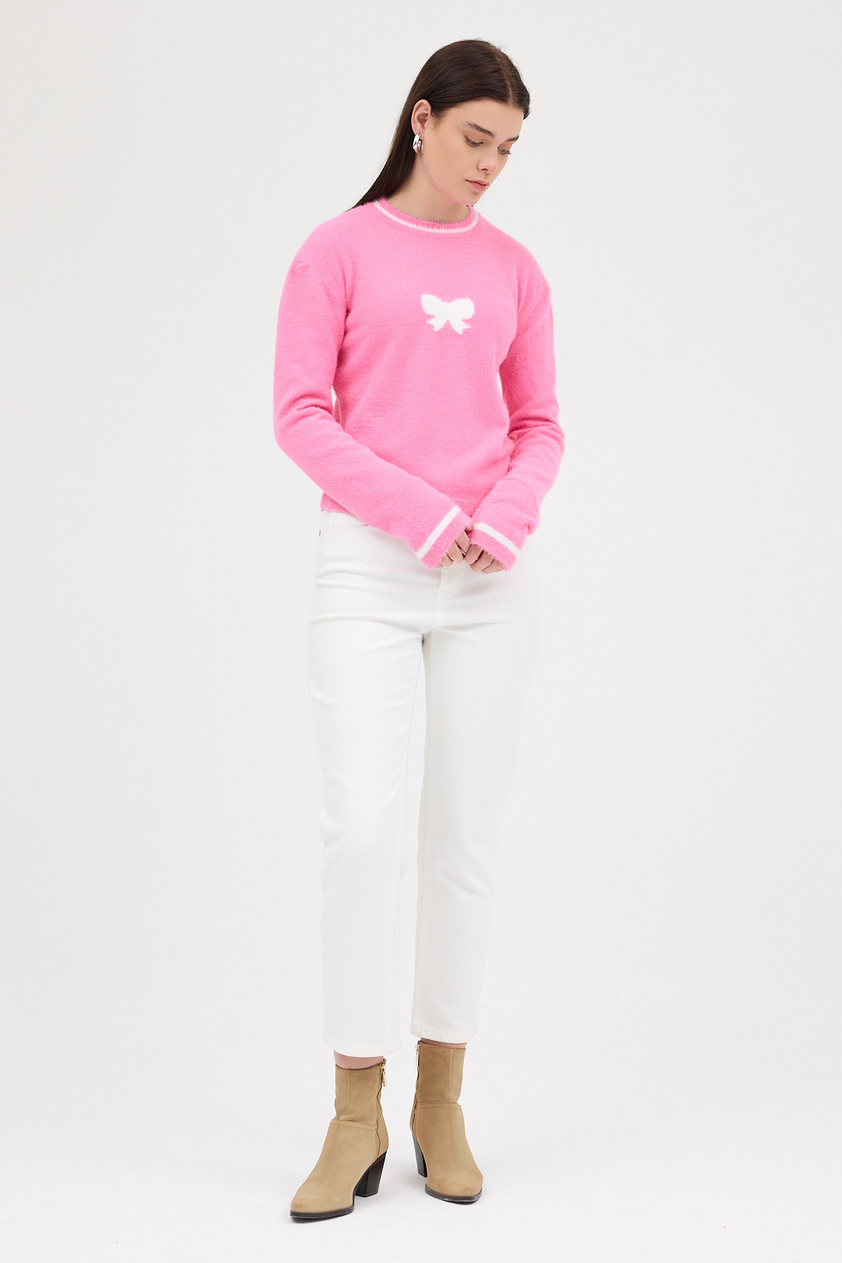 Pembe Bisiklet Yaka Kurdele Detaylı Kadın Kazak 2359 - 3